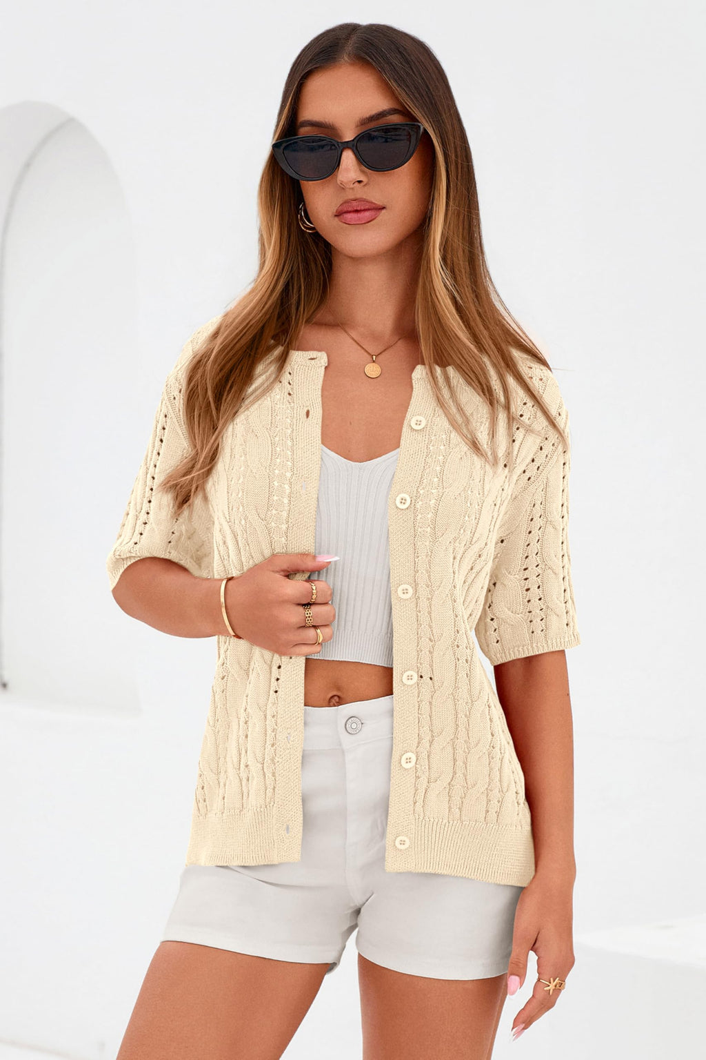 FreshPretty  Women Summer Cable Knit Crochet Cardigan Sweaters Casual Button Short Sleeve Sweater Cute Beach Hollow Out Knit Top