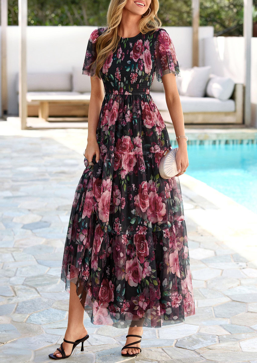 PRETTYGARDEN Tulle Floral Dress Women Summer Wedding Guest  Spring Short Sleeve Maxi Smocked Flowy Beach Party Dresses