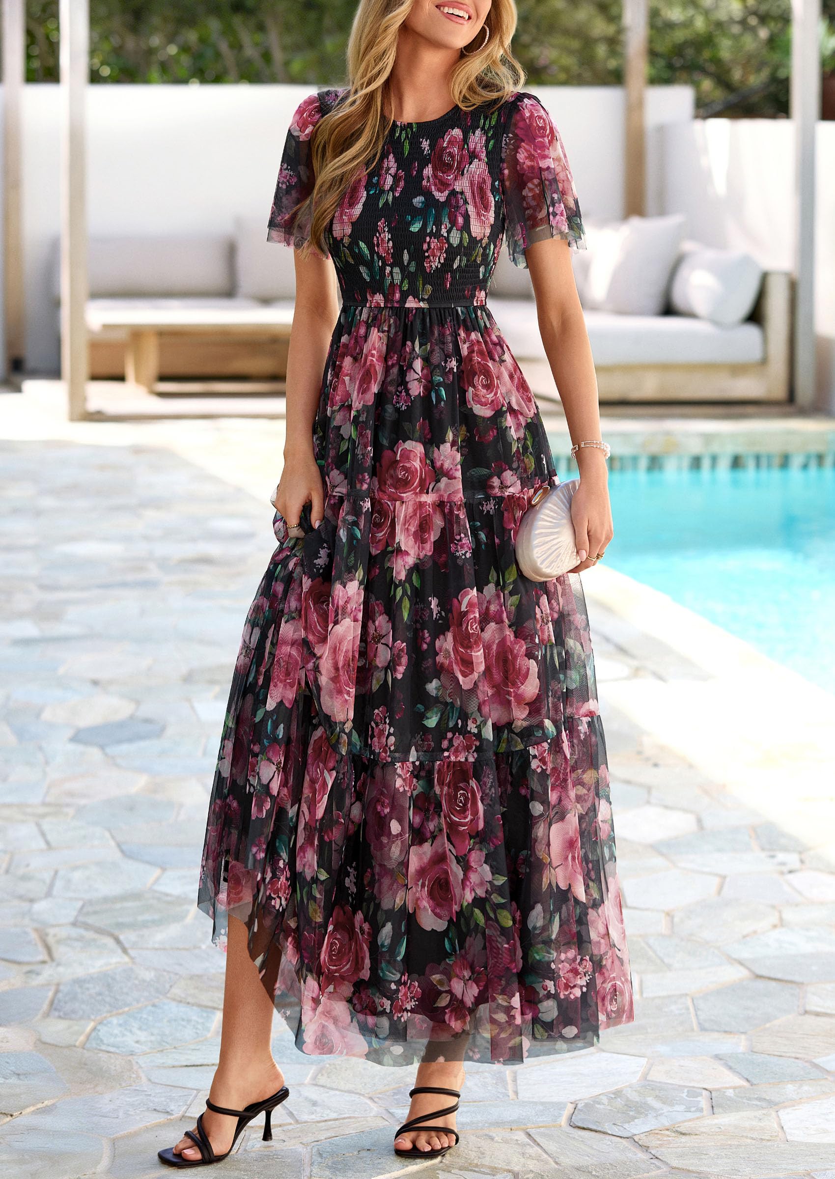 PRETTYGARDEN Tulle Floral Dress Women Summer Wedding Guest  Spring Short Sleeve Maxi Smocked Flowy Beach Party Dresses