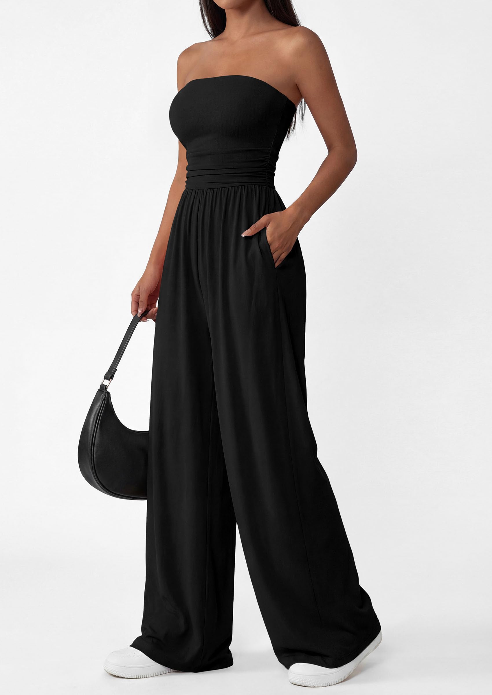 PRETTYGARDEN Womens Trendy Strapless Rompers Ruched Tube Top Wide Leg One Piece Jumpsuits Beach Vacation Summer Outfits