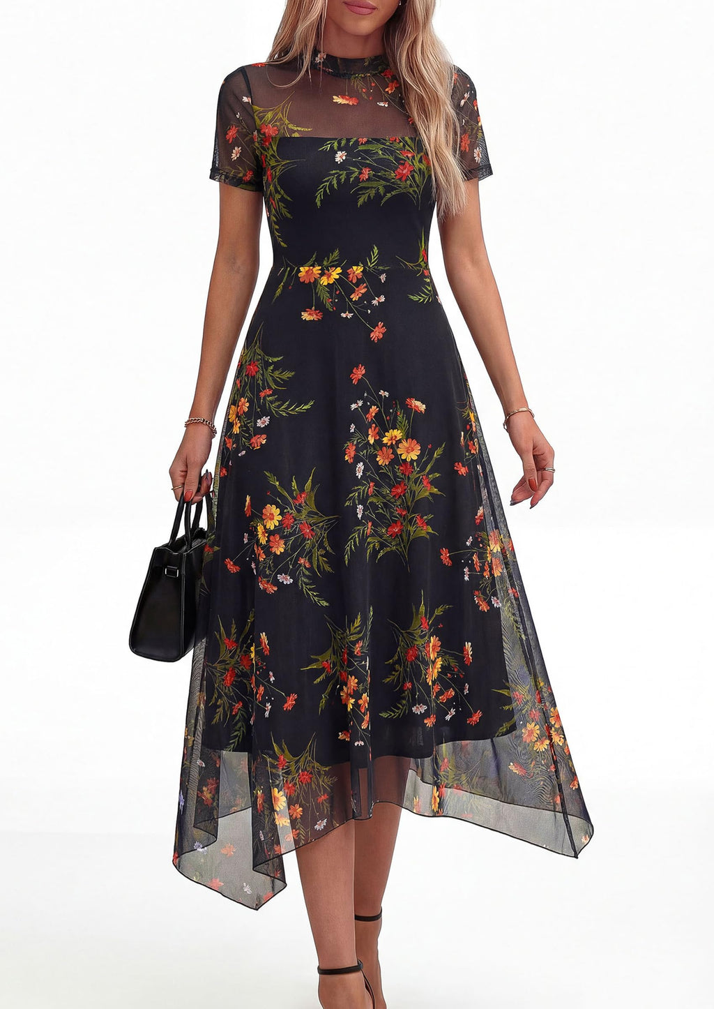 PRETTYGARDEN Cocktail Dresses for Women  Summer Short Sleeve Floral Mesh Sheer Midi Party Wedding Guest Dress