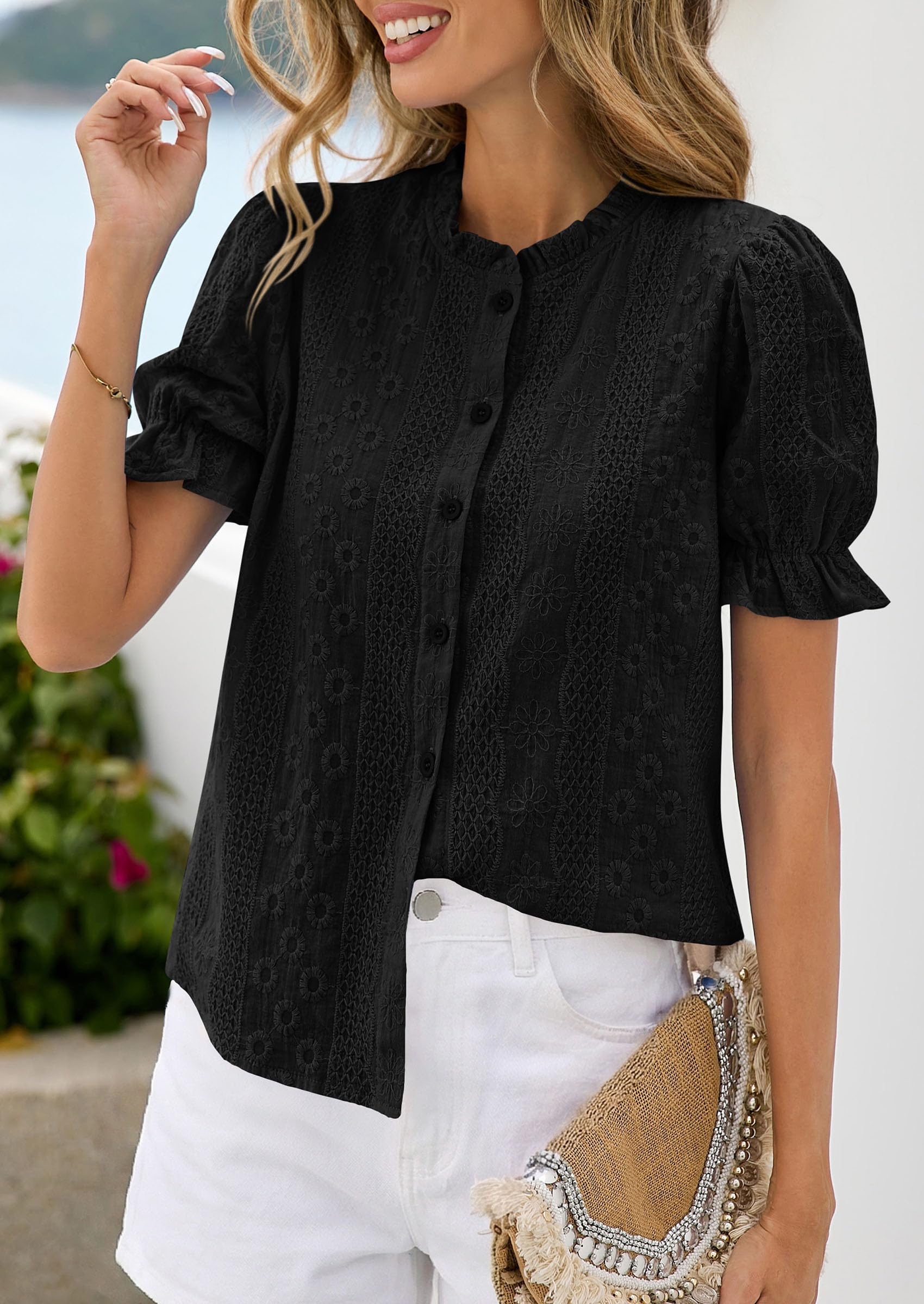 PRETTYGARDEN Womens Puff Short Sleeve Tops  Summer Spring Button Down Boho Embroidered Cute Blouse Dressy Casual Shirts