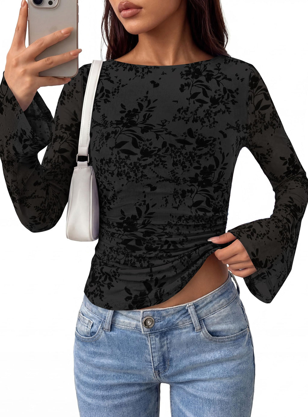 PRETTYGARDEN Women's Bell Sleeve Floral Mesh Crop Tops