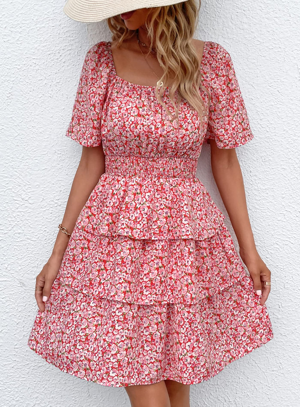PRETTYGARDEN Women's  Floral Summer Short Dress Square Neck Short Sleeve Tiered Ruffle Boho Swing Dresses