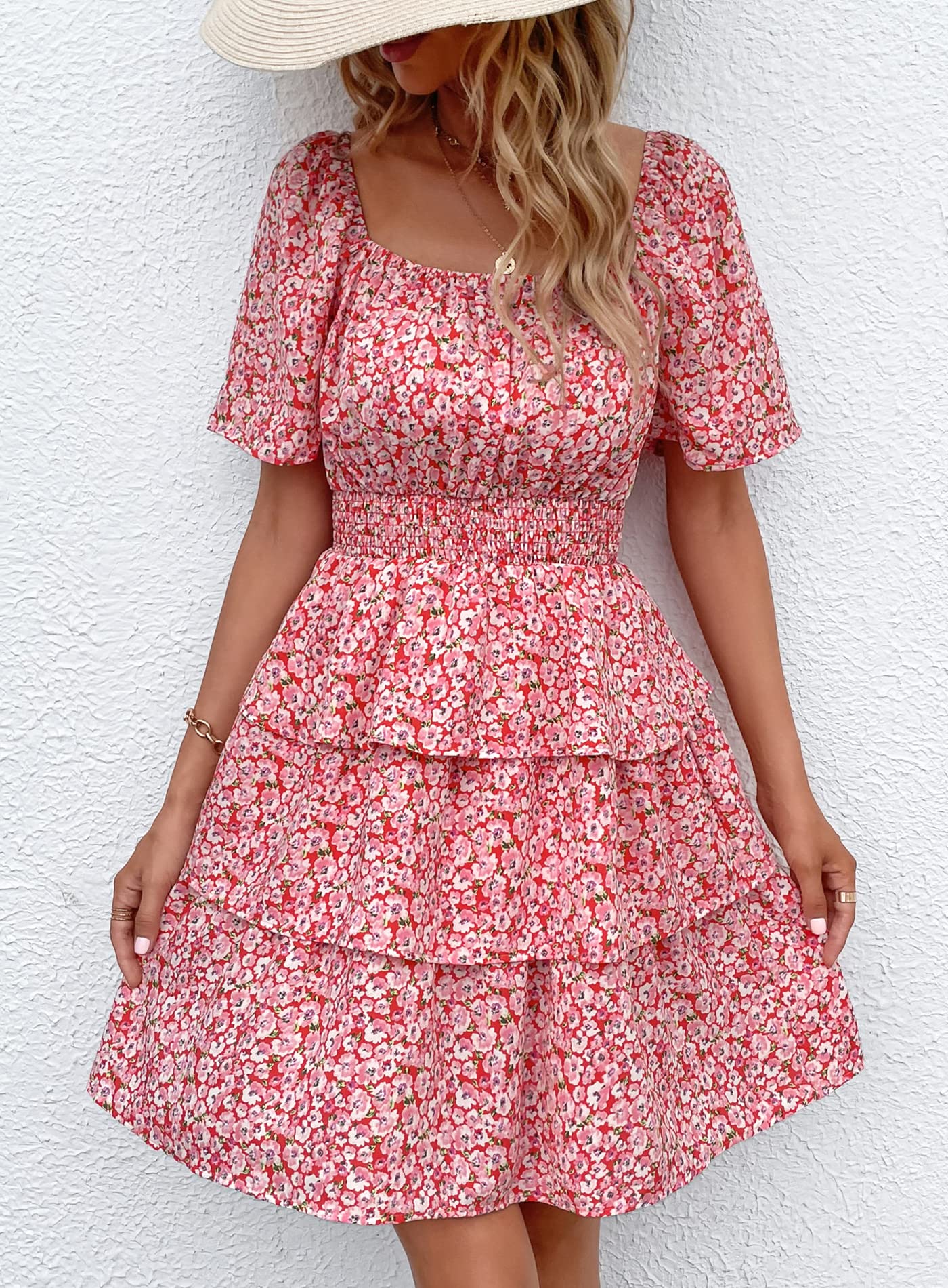 PRETTYGARDEN Women's  Floral Summer Short Dress Square Neck Short Sleeve Tiered Ruffle Boho Swing Dresses
