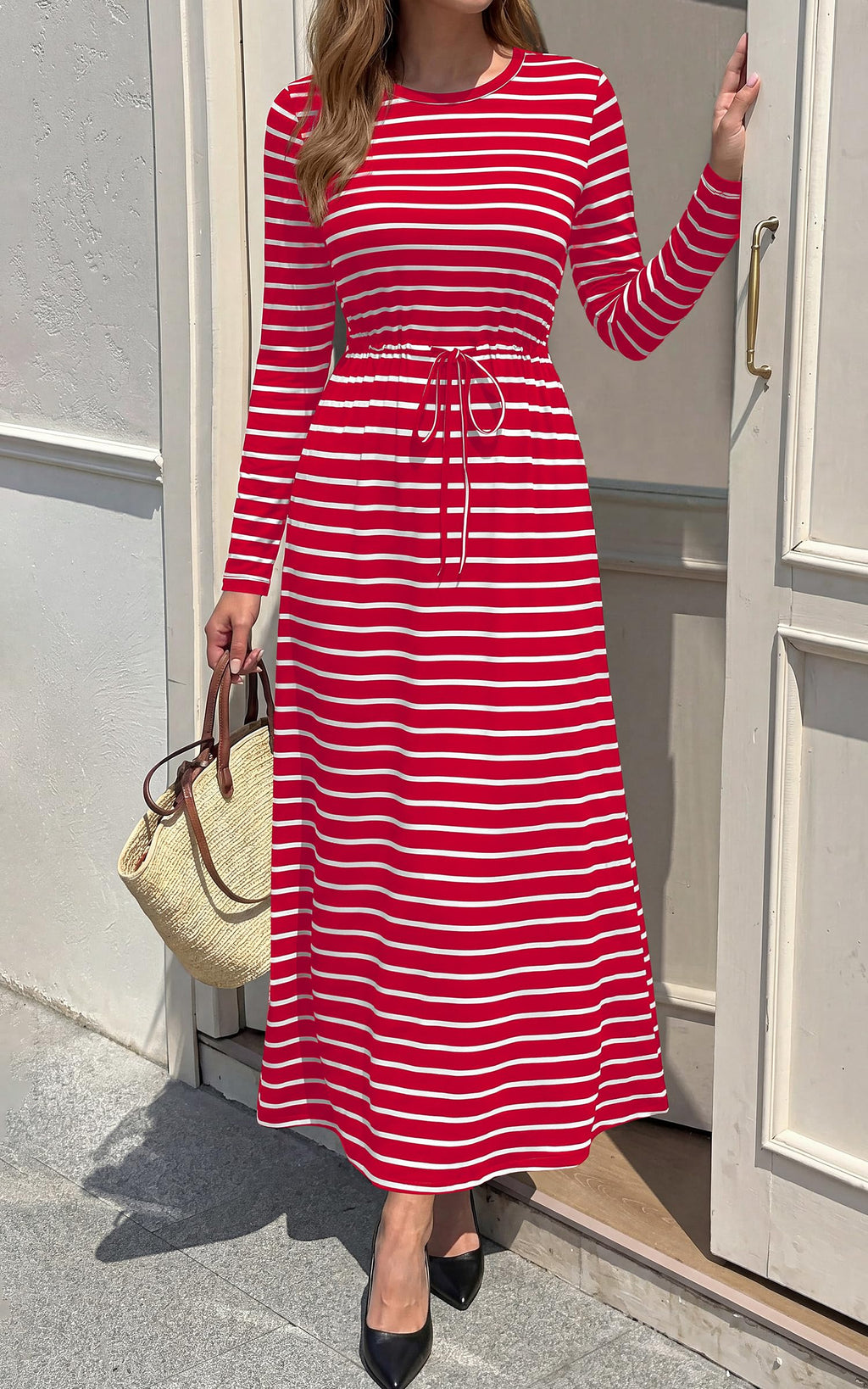 FreshPretty Long Sleeve Maxi Dresses for Women Fall Casual Loose Striped Dress|Cotton T Shirt Dress, Loose Fit Dress with Pocket, Business Casual Work Teacher, Fall Outfits