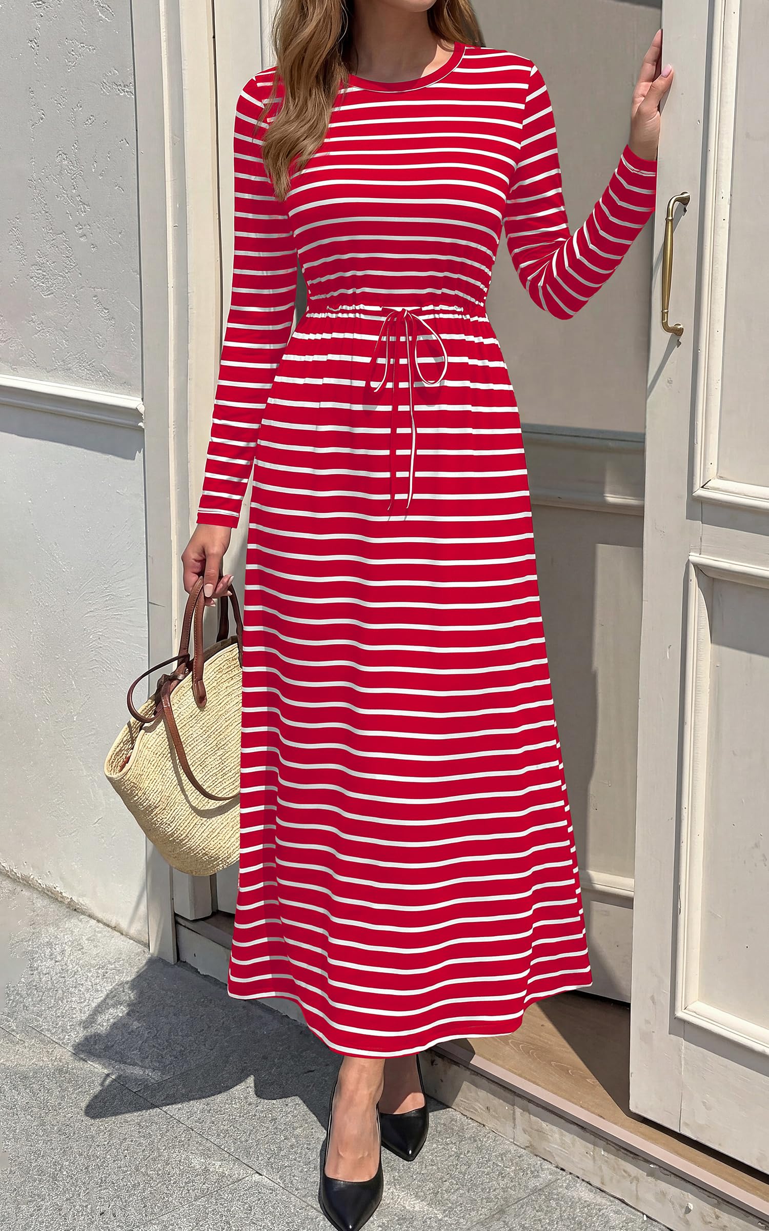 FreshPretty Long Sleeve Maxi Dresses for Women Fall Casual Loose Striped Dress|Cotton T Shirt Dress, Loose Fit Dress with Pocket, Business Casual Work Teacher, Fall Outfits