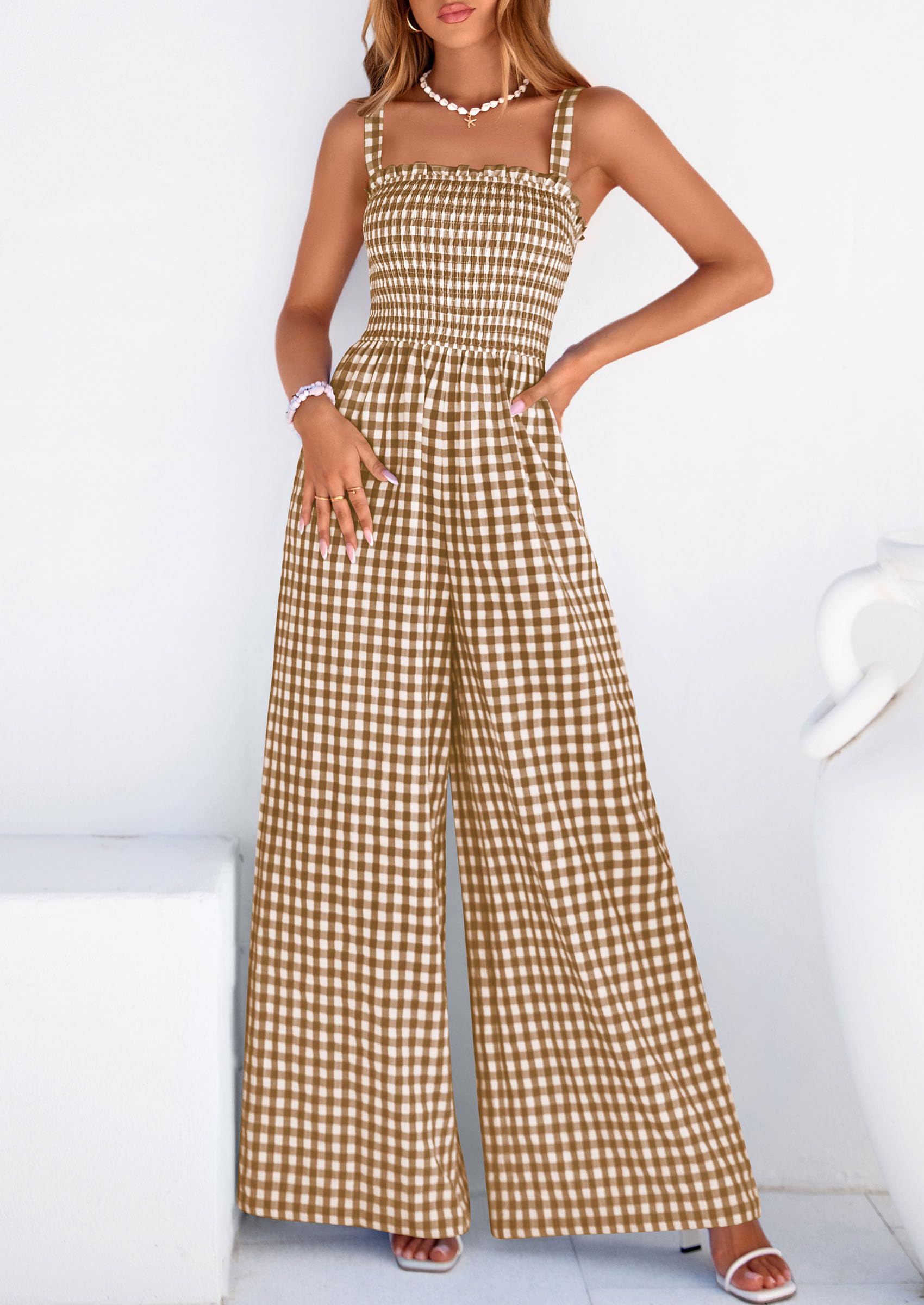 PRETTYGARDEN One Piece Jumpsuits for Women Casual Summer Cruise Outfits  Spring Fashion Smocked Wide Leg Gingham Rompers