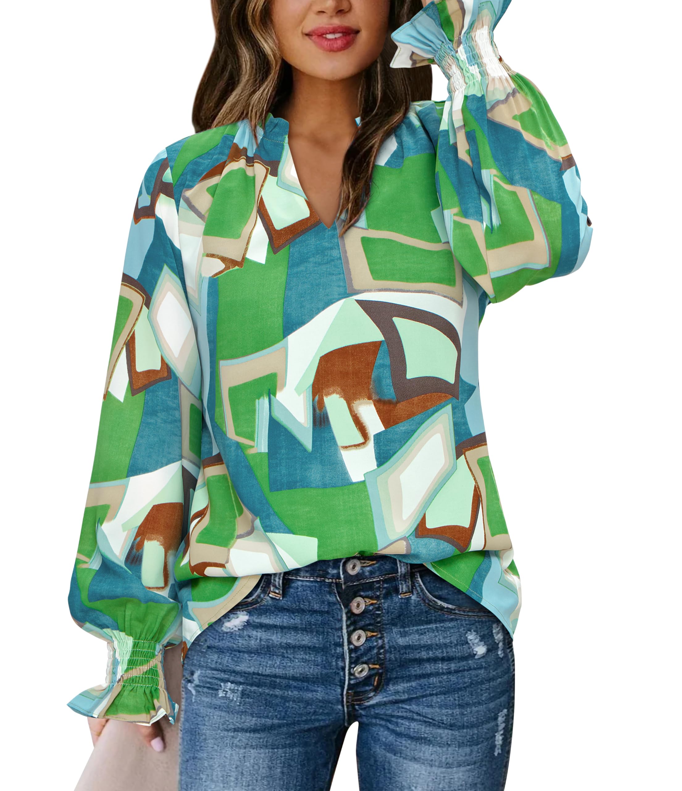 FreshPretty Womens V Neck Floral Long Sleeve Tops Summer Casual Loose Puff Sleeve Chiffon Boho Work Blouse Dressy T Shirts