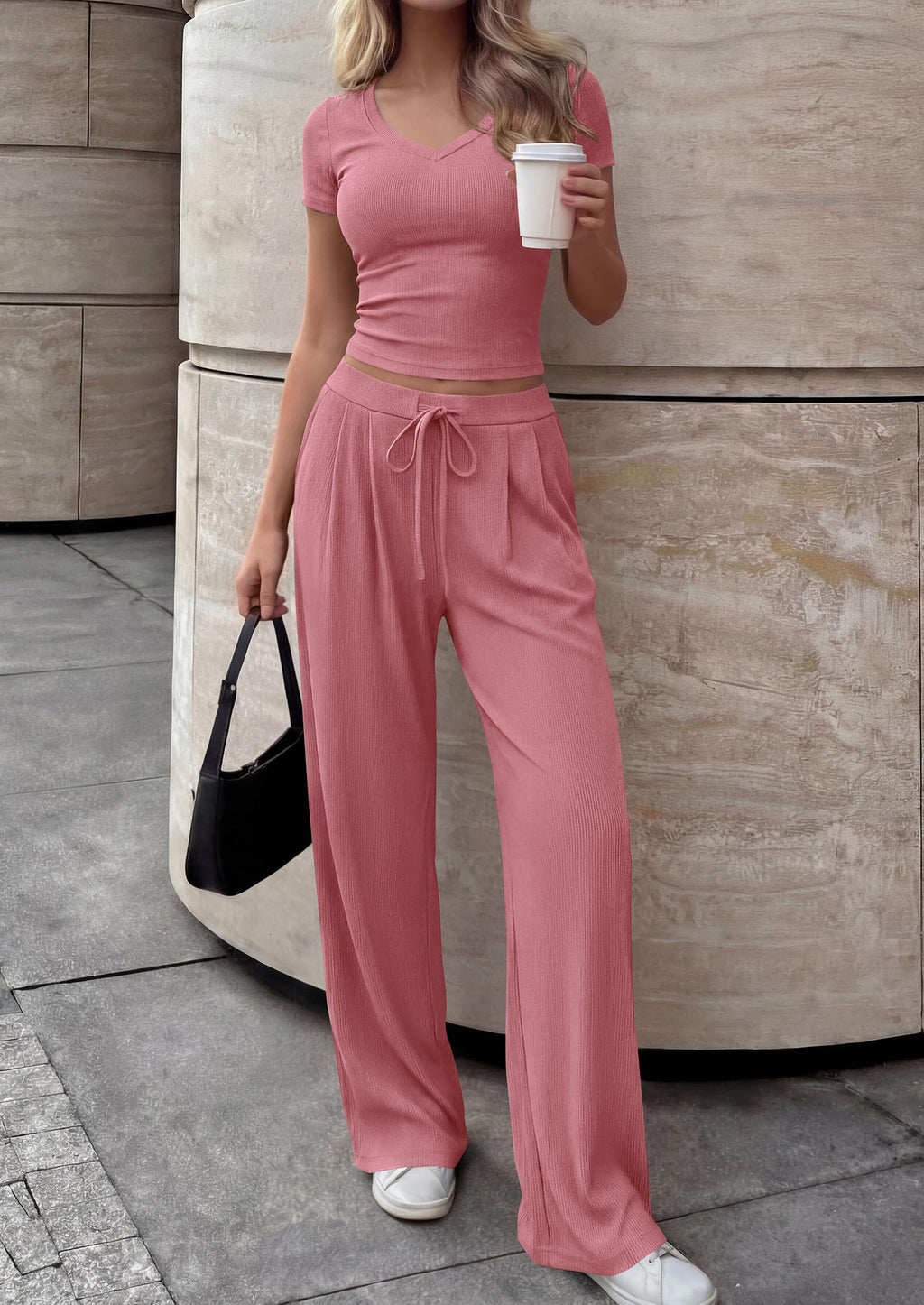 PRETTYGARDEN 2 Piece Sets for Women Summer Spring Lounge Set Matching V Neck Tops Wide Leg Pants Airport Travel Outfits