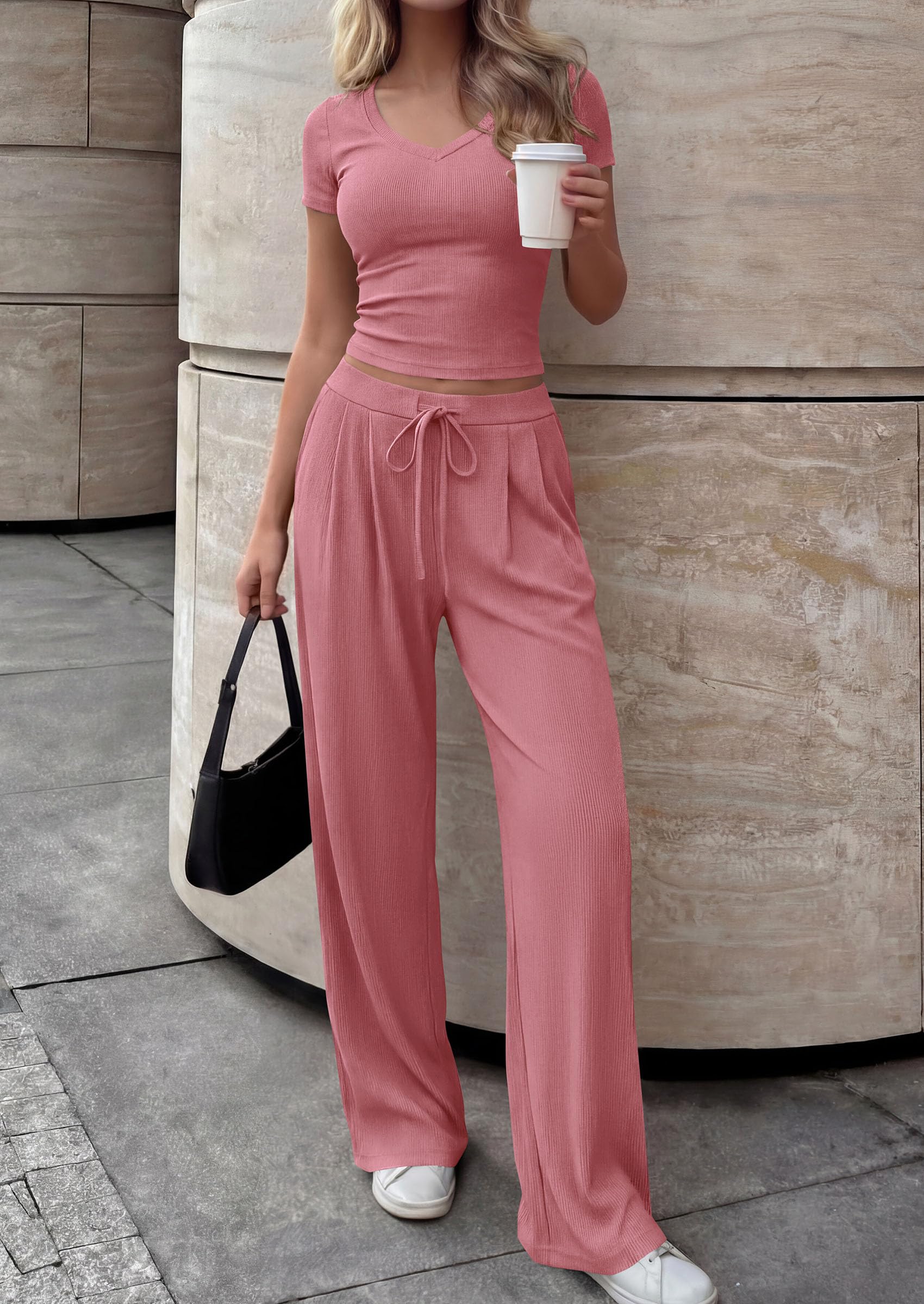 PRETTYGARDEN 2 Piece Sets for Women Summer Spring Lounge Set Matching V Neck Tops Wide Leg Pants Airport Travel Outfits