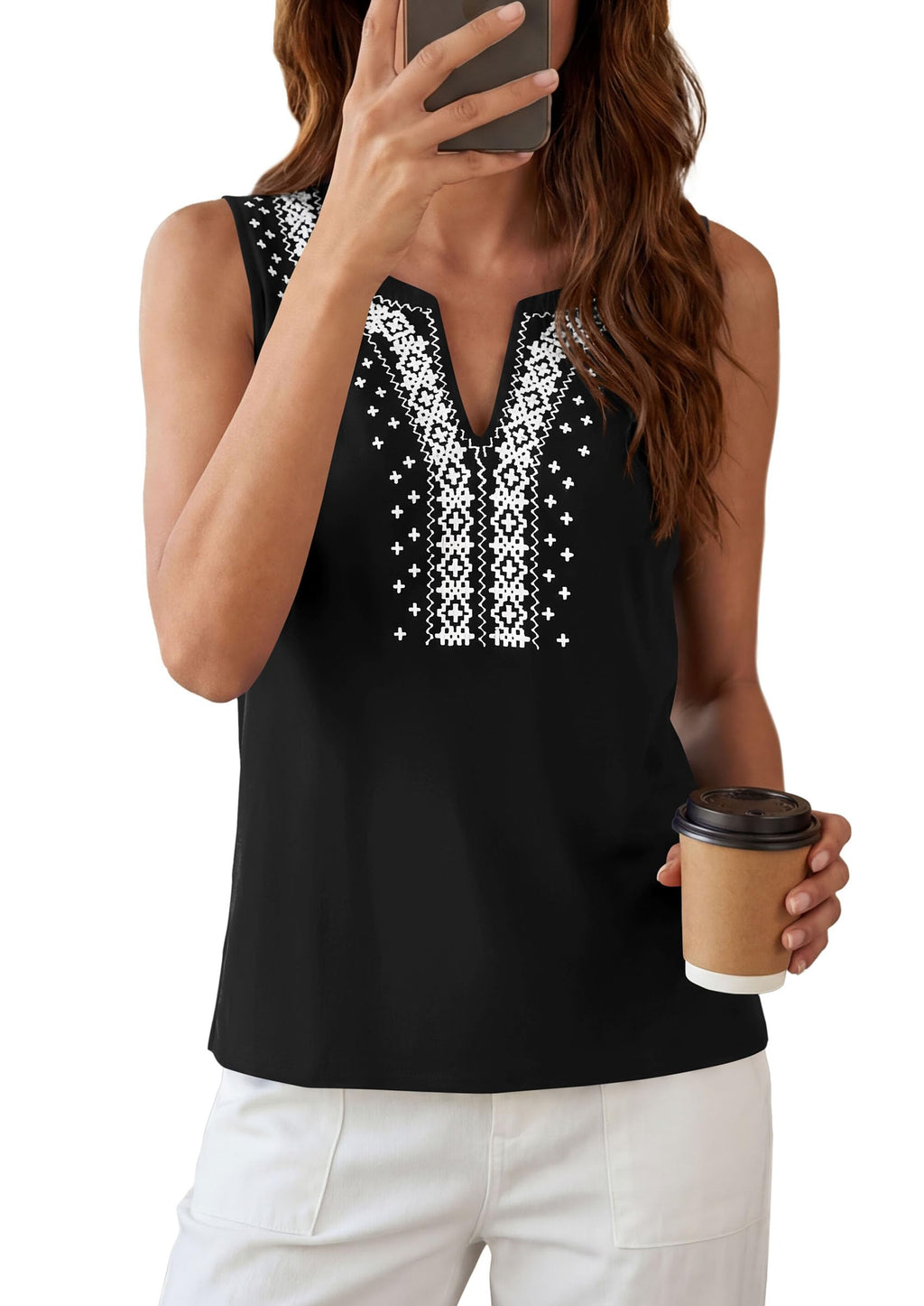 PRETTYGARDEN Womens Tank Tops Summer Causal V Neck Sleeveless Shirts Floral Print Embroidered Beach Vacation Boho Top