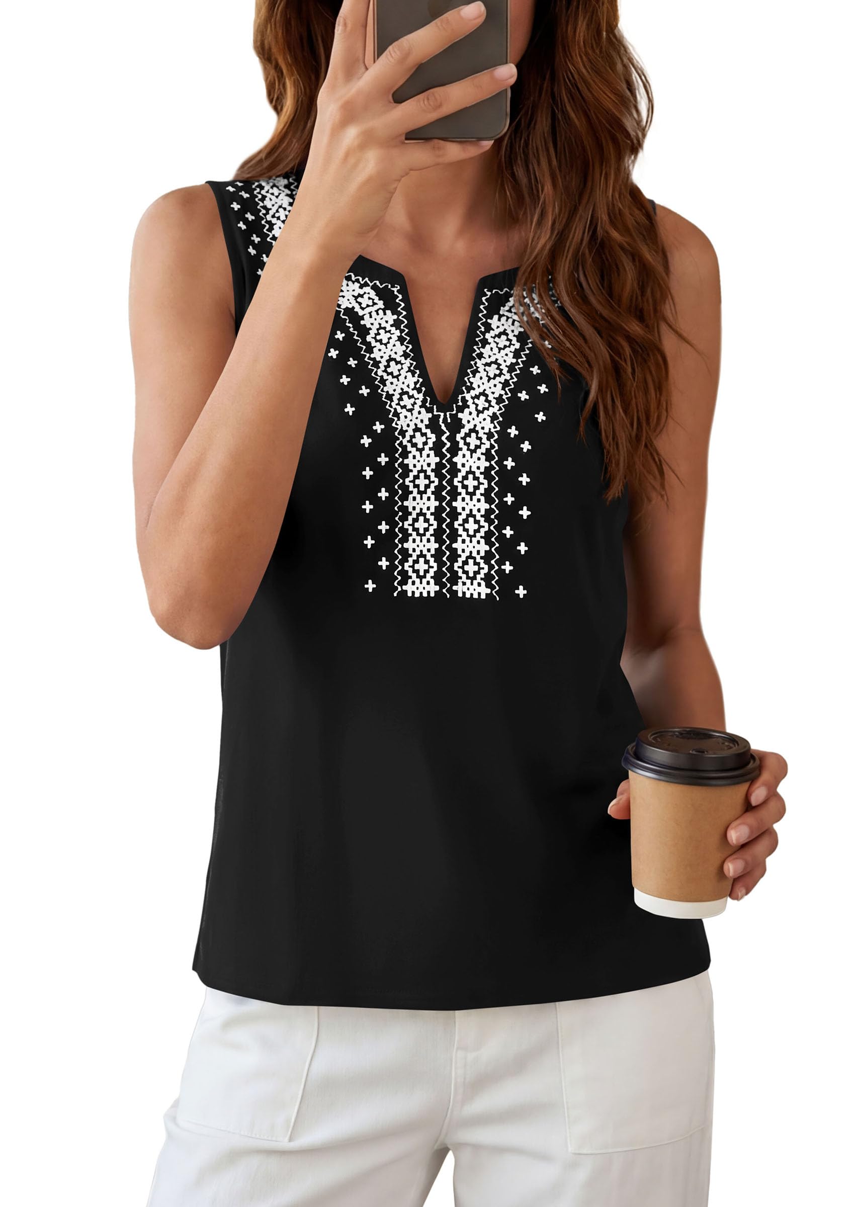 PRETTYGARDEN Womens Tank Tops Summer Causal V Neck Sleeveless Shirts Floral Print Embroidered Beach Vacation Boho Top