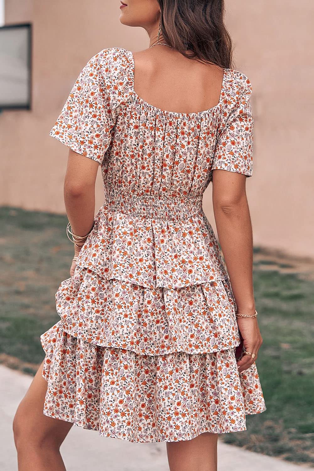 PRETTYGARDEN Women's  Floral Summer Short Dress Square Neck Short Sleeve Tiered Ruffle Boho Swing Dresses