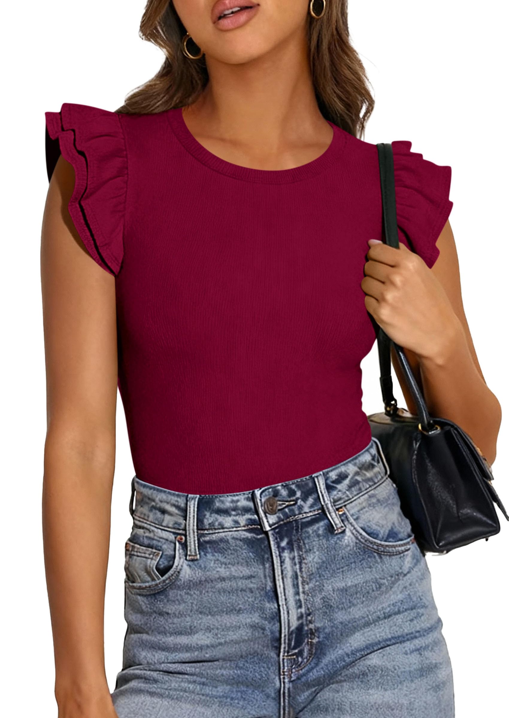 PRETTYGARDEN Womens Summer Crew Neck T Shirts Trendy Ruffle Sleeve Slim Fit Knit Going Out Tops Casual Spring Clothes