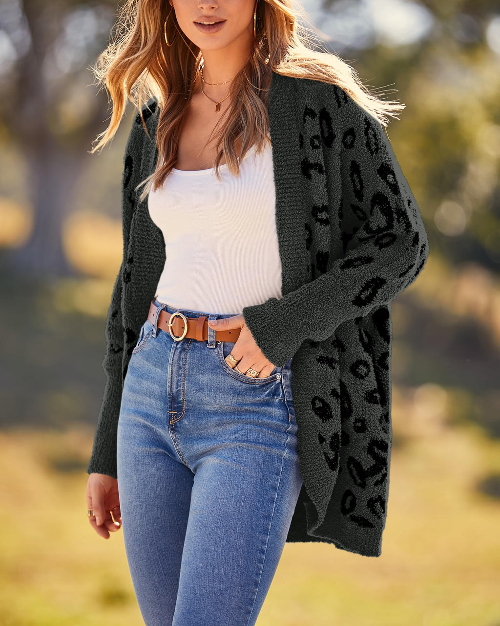 FreshPretty Leopard Cardigan for Women Long Sleeve Open Front Cardigans Sweaters Pockets Loose Knit Fall Winter Outwear