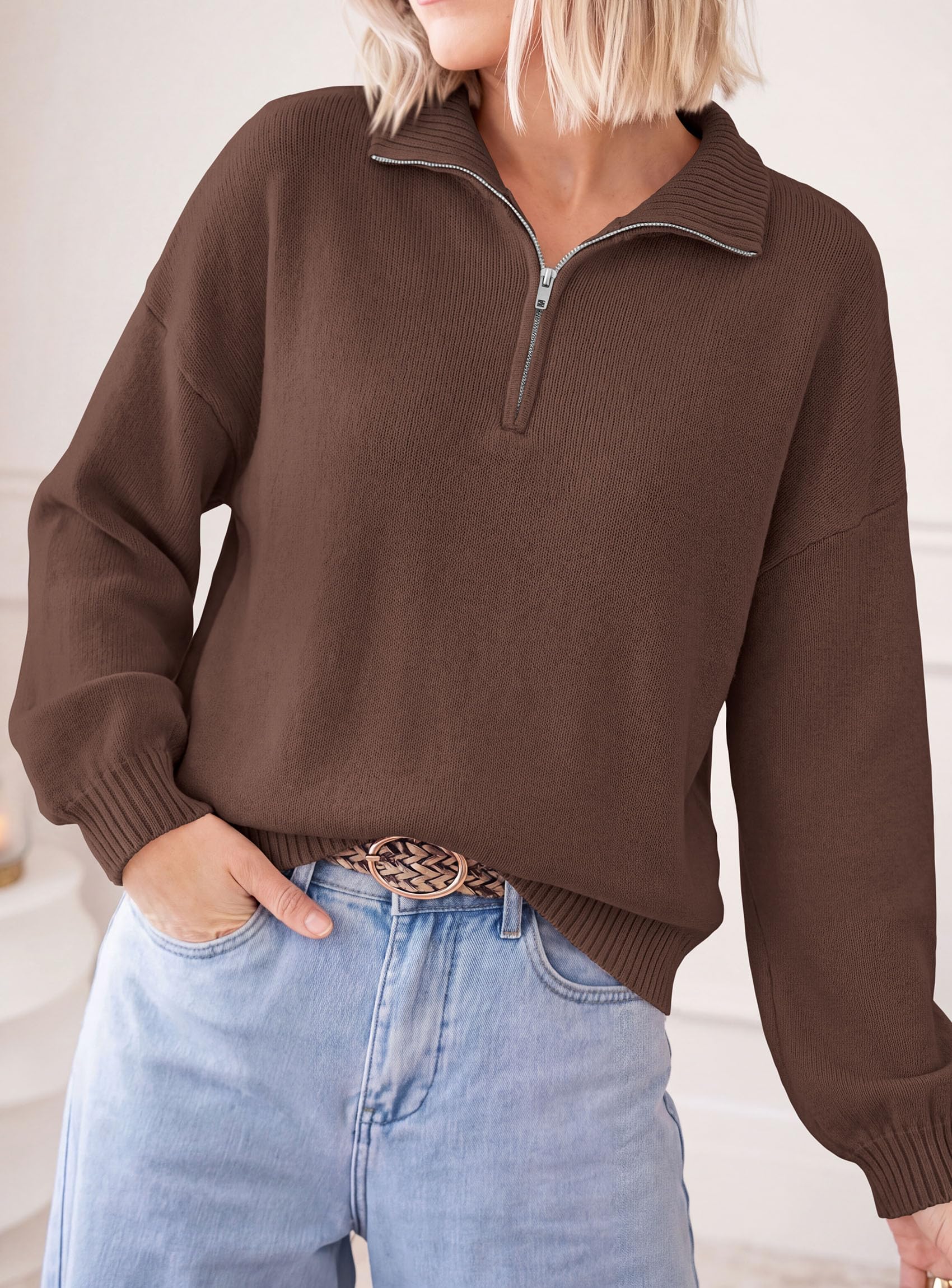 PRETTYGARDEN Women's Quarter Zip Pullover Oversized Sweaters Collared Neck, Long Balloon Sleeve, Jumper Tops, Soft Cozy Knit, Ribbed Hem, Loose Fit, Fall Outfits, Winter Fashion Clothing