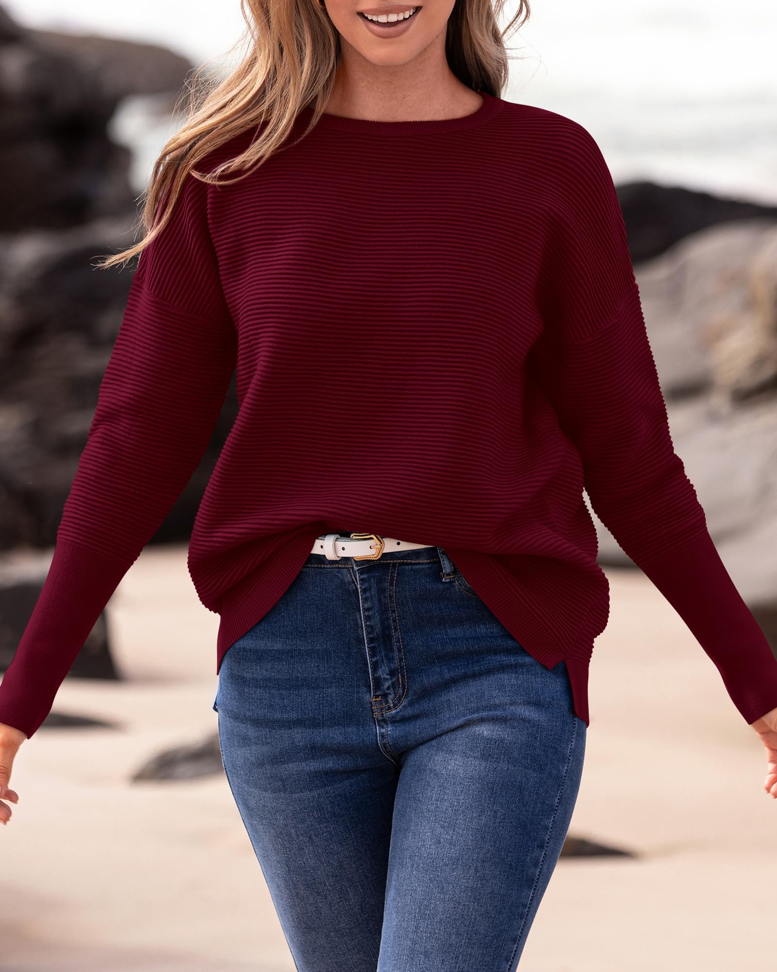 FreshPrettyFall Sweaters for Women Casual Long Sleeve Sweater Striped Loose Fit Pullover Tops