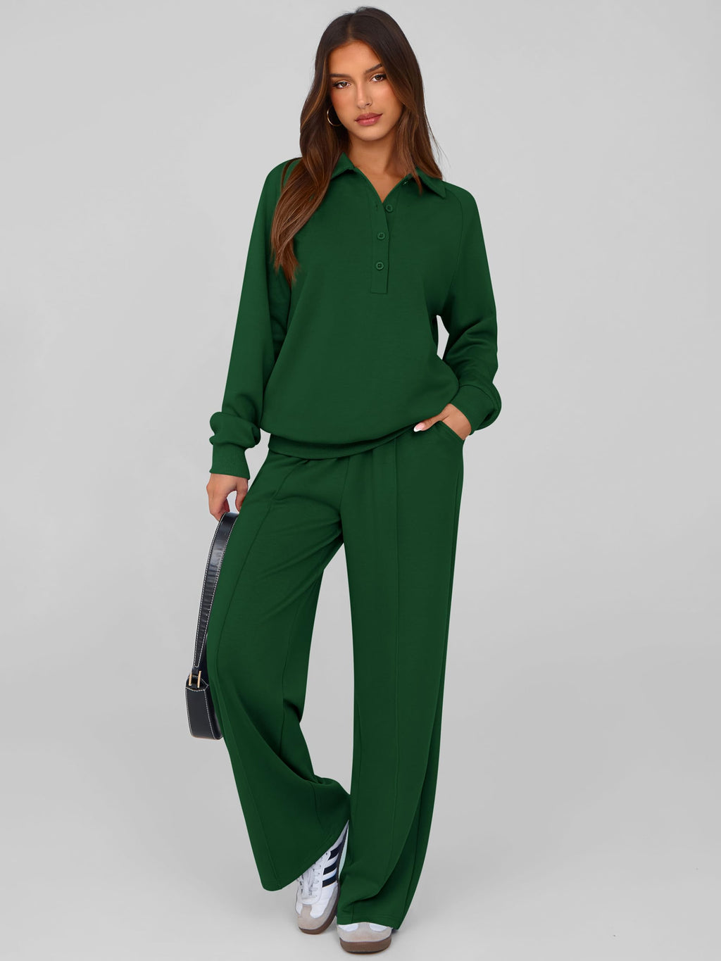 PRETTYGARDEN Women Fall 2 Piece Outfits Sweatsuits Lounge Sets Quarter Button Long Sleeve Sweatshirt, Wide Leg Sweat Pants, Casual 2 Piece Sets Tracksuit, Airport Travel Outfits for Women