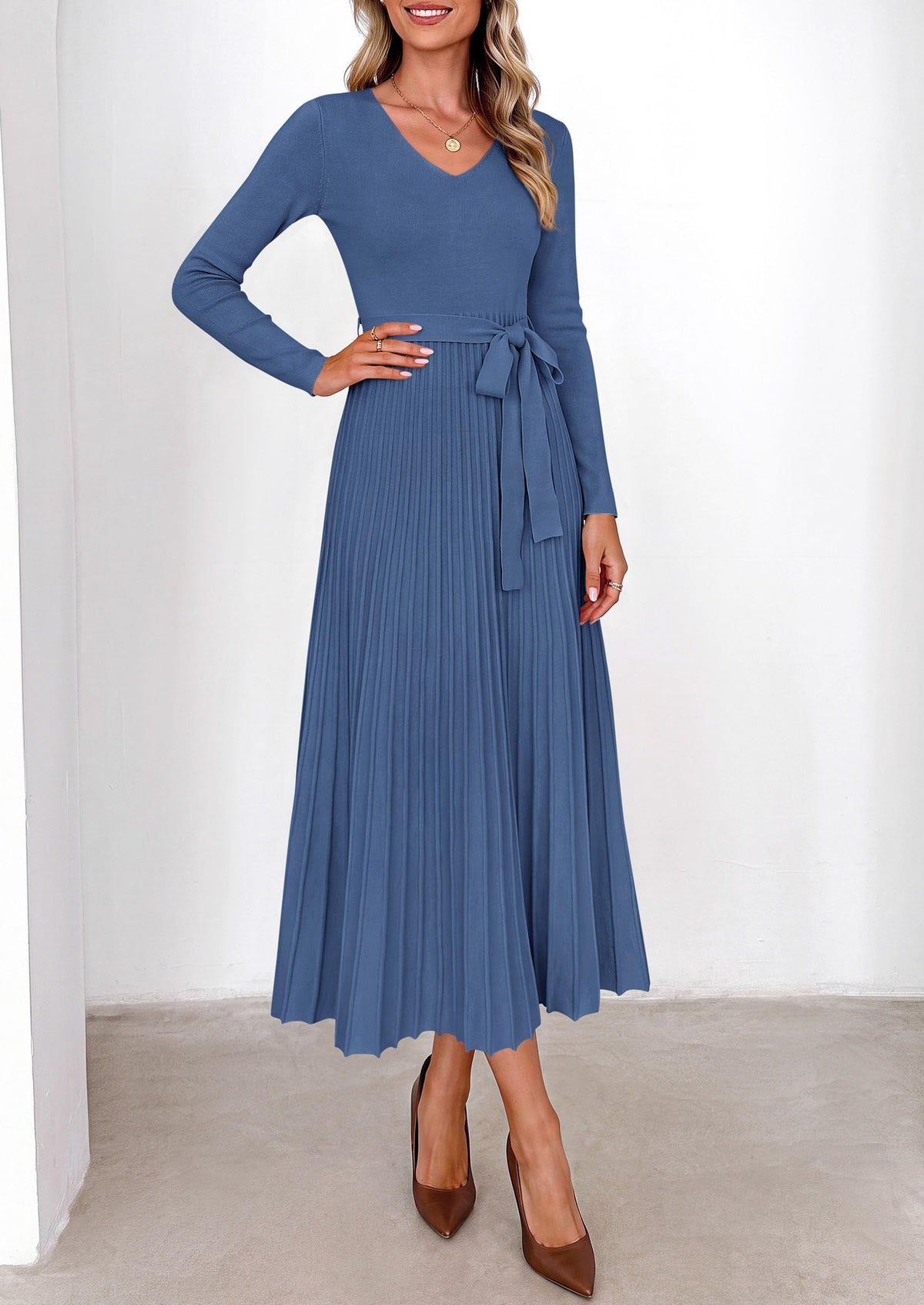 PRETTYGARDEN Womens Fall Maxi Long Sleeve Sweater Dress Soft Stretchy Knit, V Neck A Line Dresses with Bow, Flowy Pleated Hem, Cocktail Party Outfits, Trendy Winter Clothes