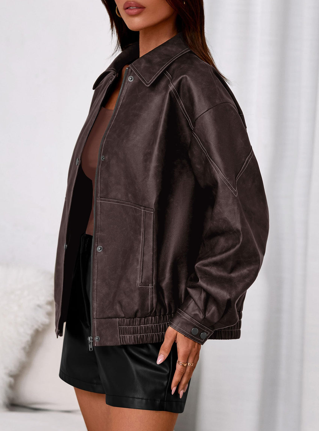 PRETTYGARDEN Faux Leather Jacket Women Bomber Motorcycle Zip Up Jackets Oversized Fall Fashion Outfits  Winter Coats