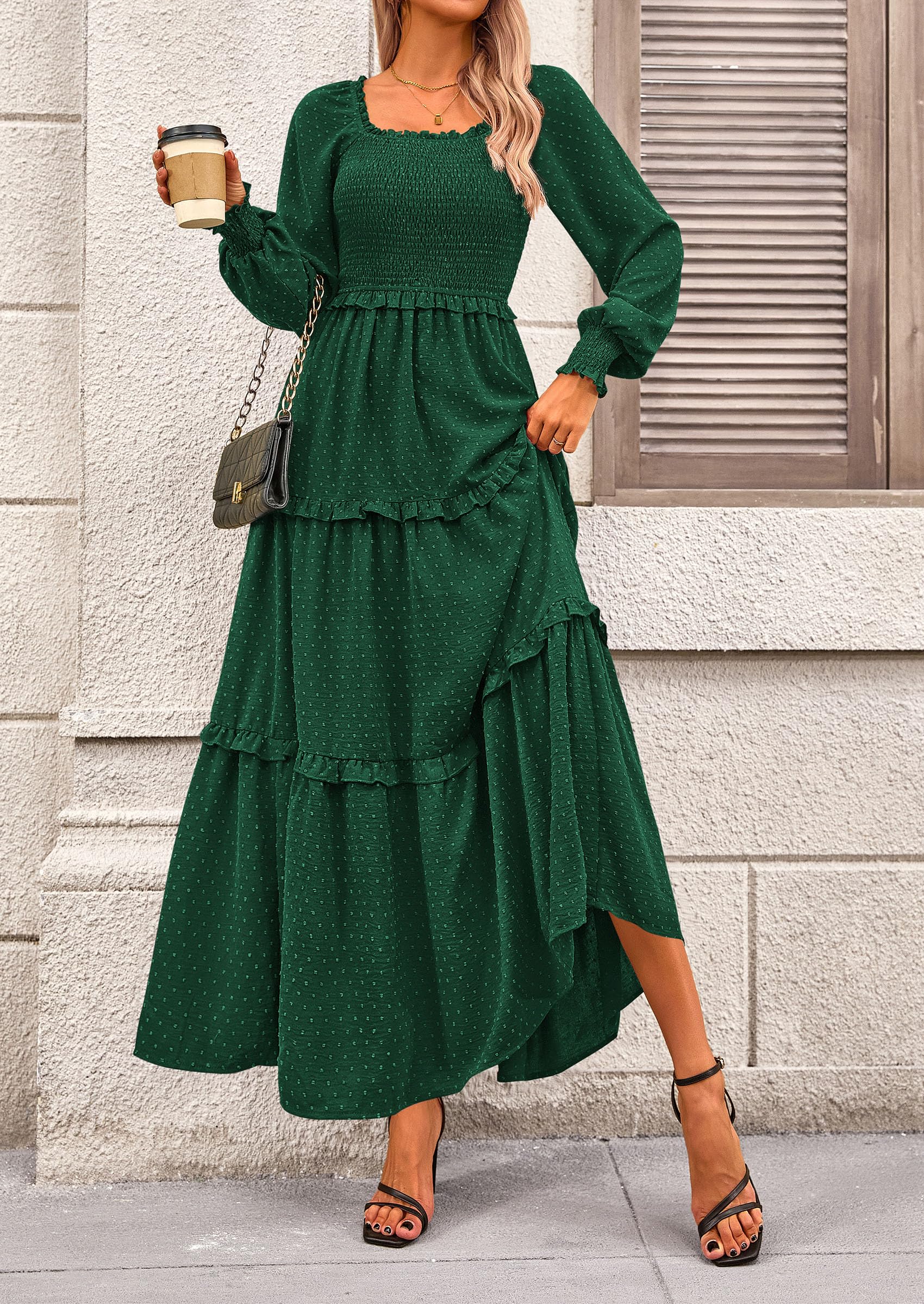 PRETTYGARDEN Fall Dresses for Women Long Sleeve Smocked Square Neck Swiss Dot Tiered Flowy Wedding Guest Maxi Dress