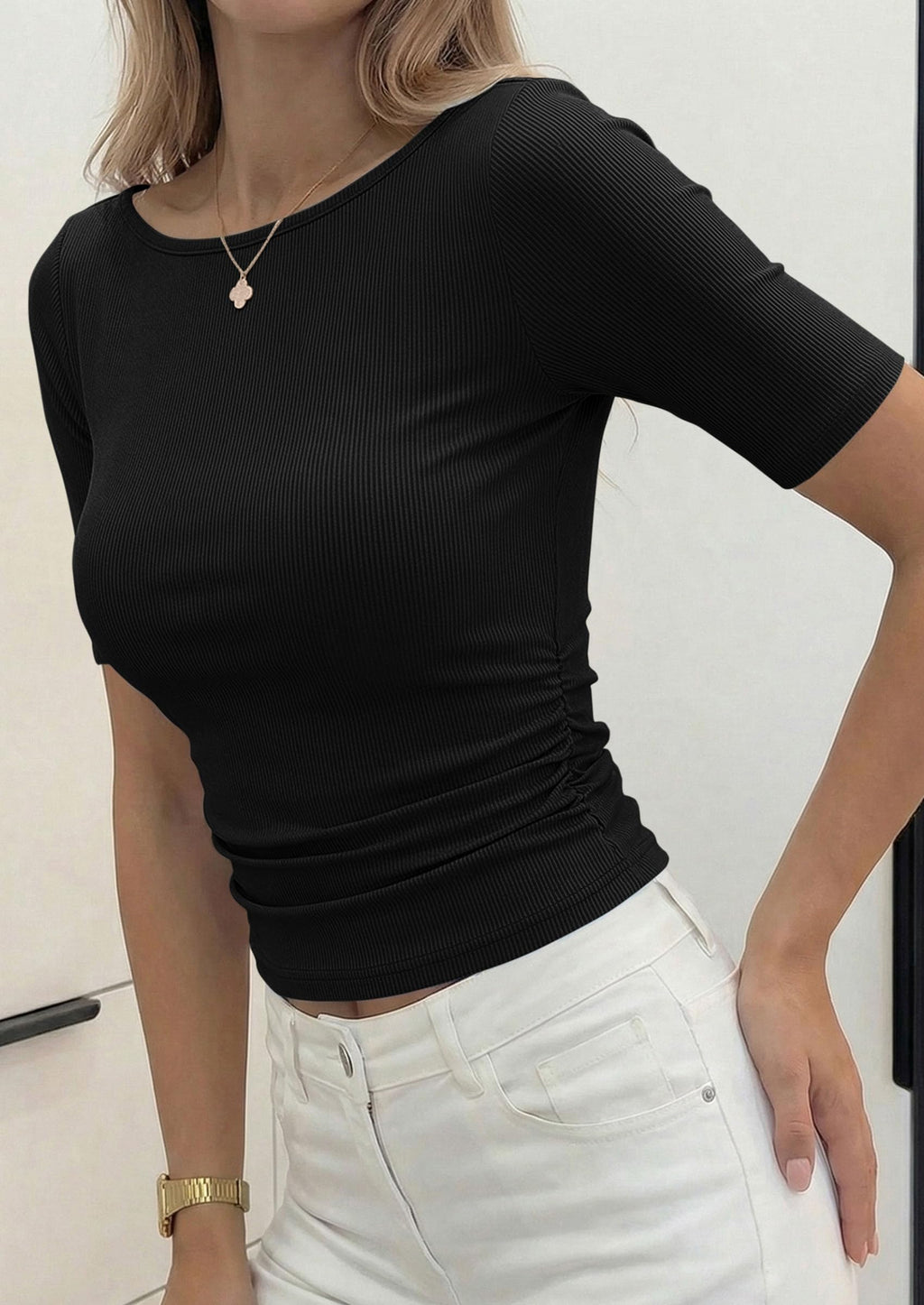 PRETTYGARDEN Womens Summer Short Sleeve Tops Boat Neck Ribbed Knit Slim Fit T Shirt Casual Basic Top Spring Clothes
