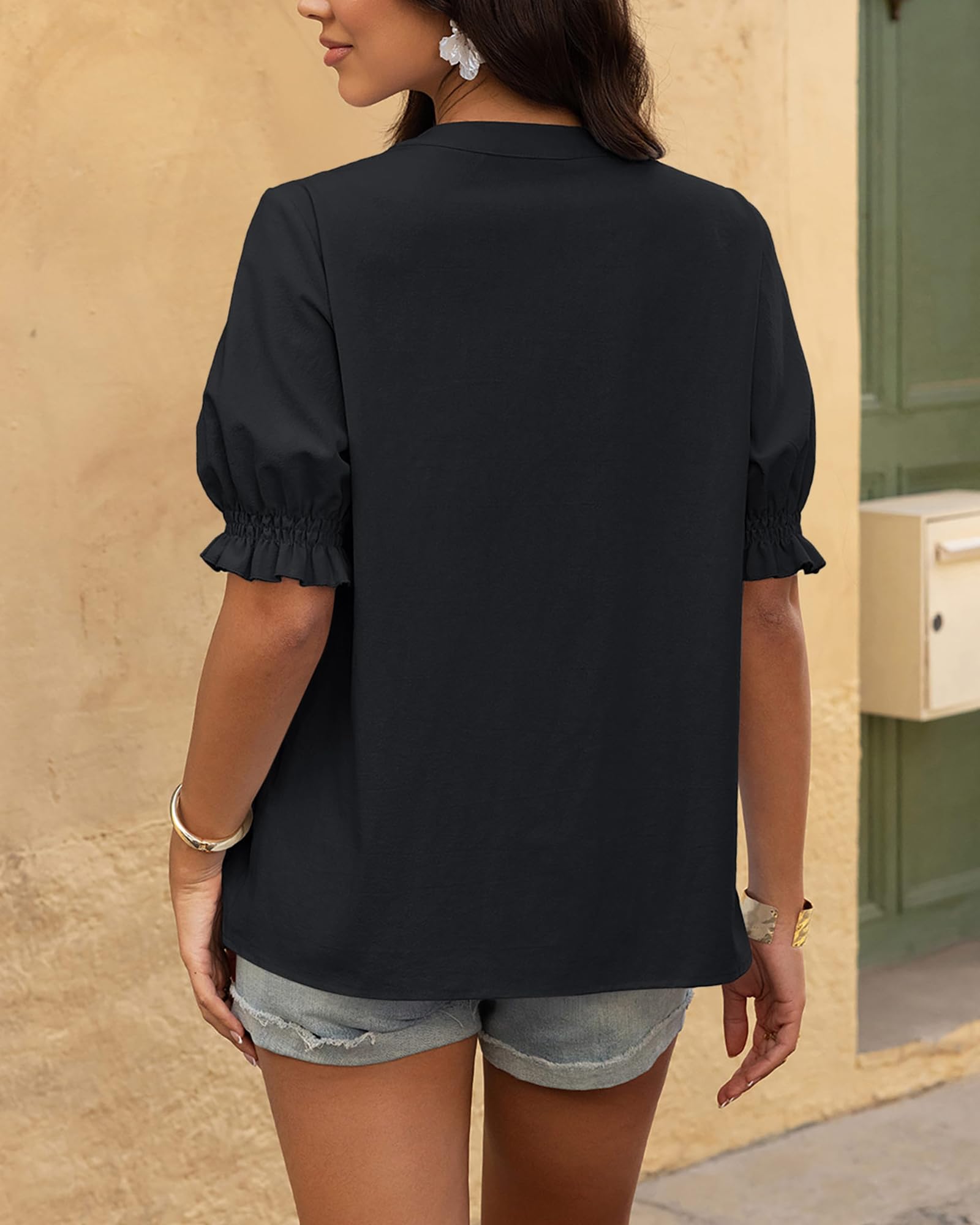 BTFBM Women's Spring Tops Casual Floral Boho V Neck Puff Short Sleeve Button Down Shirts Embroidered Blouses Tunic