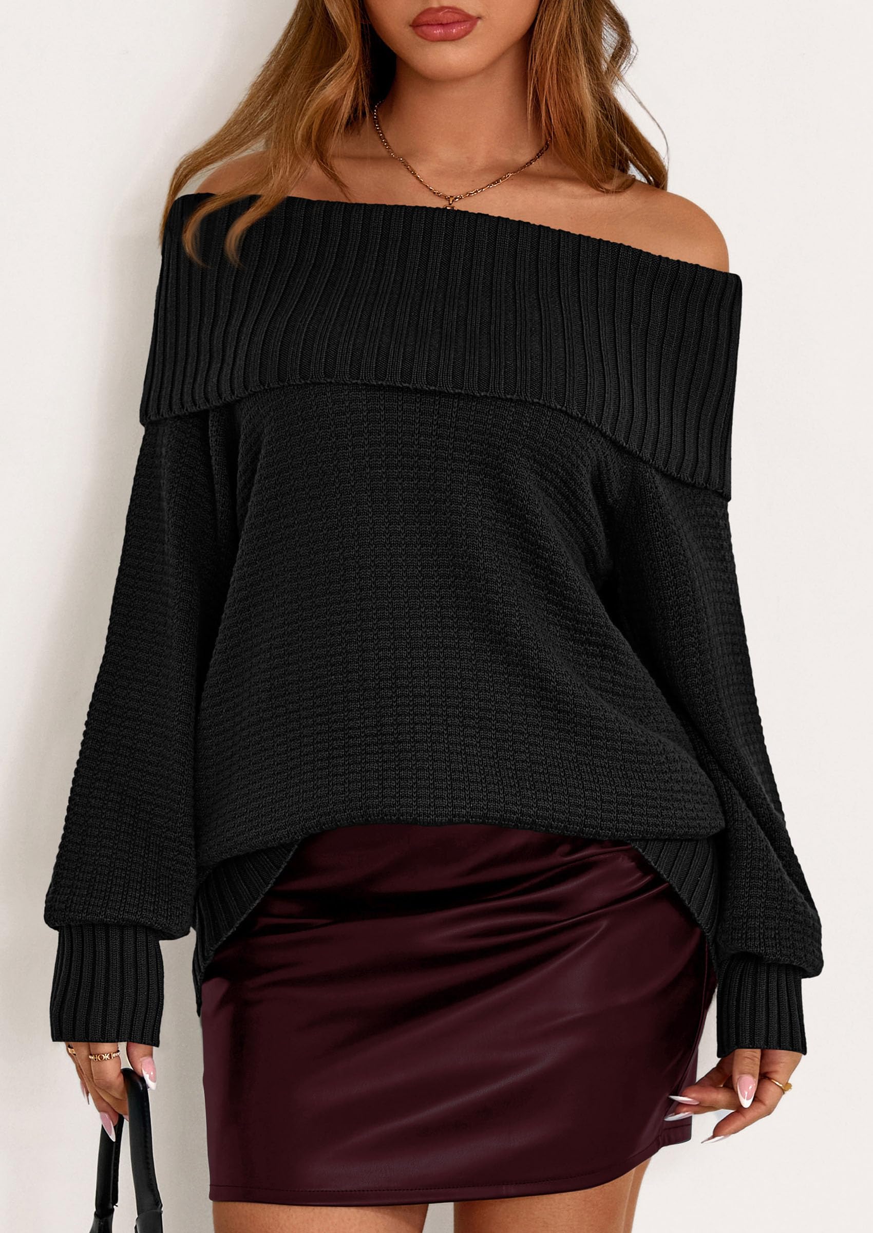 PRETTYGARDEN Womens Off The Shoulder Sweater Long Sleeve Tops Loose Knit Pullover Sweaters Fashion Fall Clothes