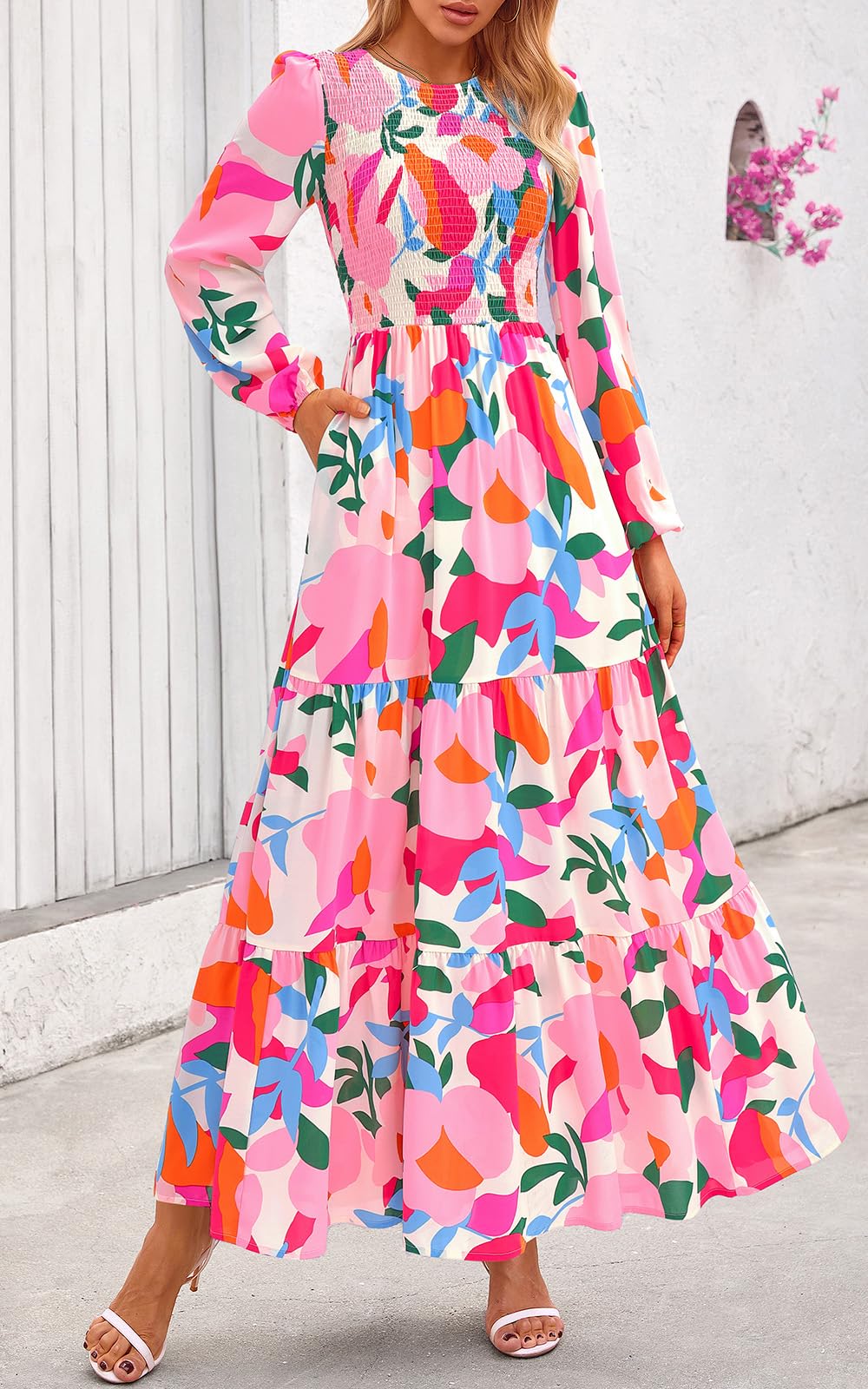 PRETTYGARDEN Women's Fall Dresses Long Sleeve Flowy Casual Floral Maxi Dress Crew Neck Smocked Tiered Long Dress