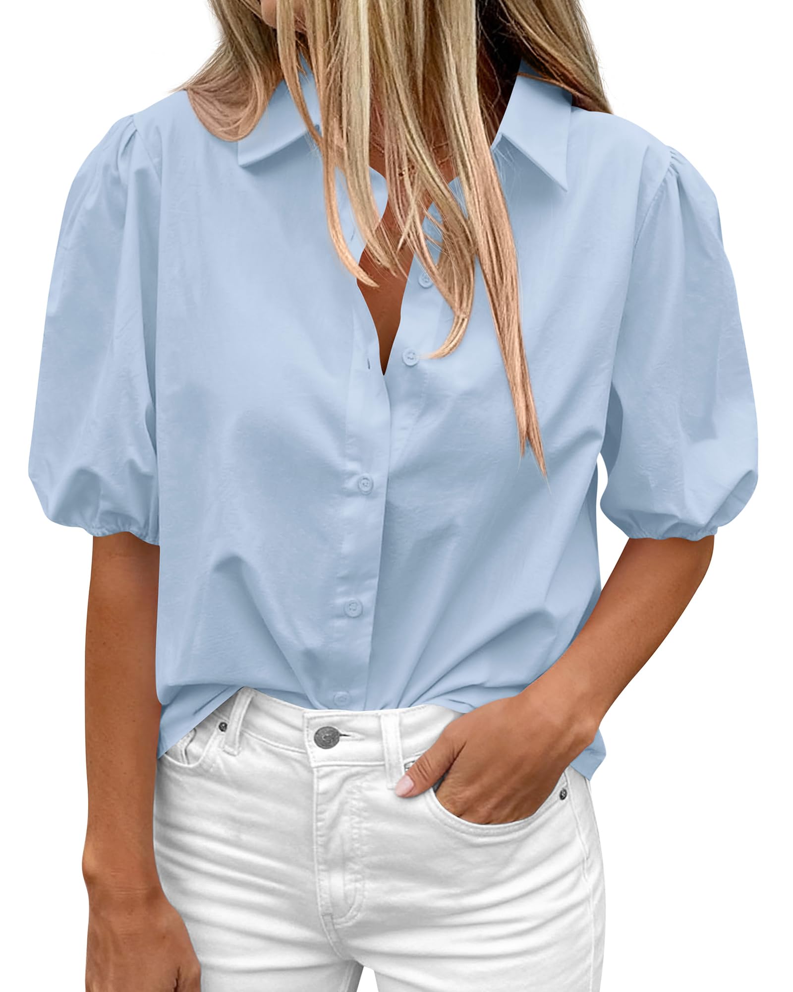 BTFBM Women's Button Down Shirts Short Puff Sleeve Collared V Nec Summer Tops Dressy Casual Work Business Blouses