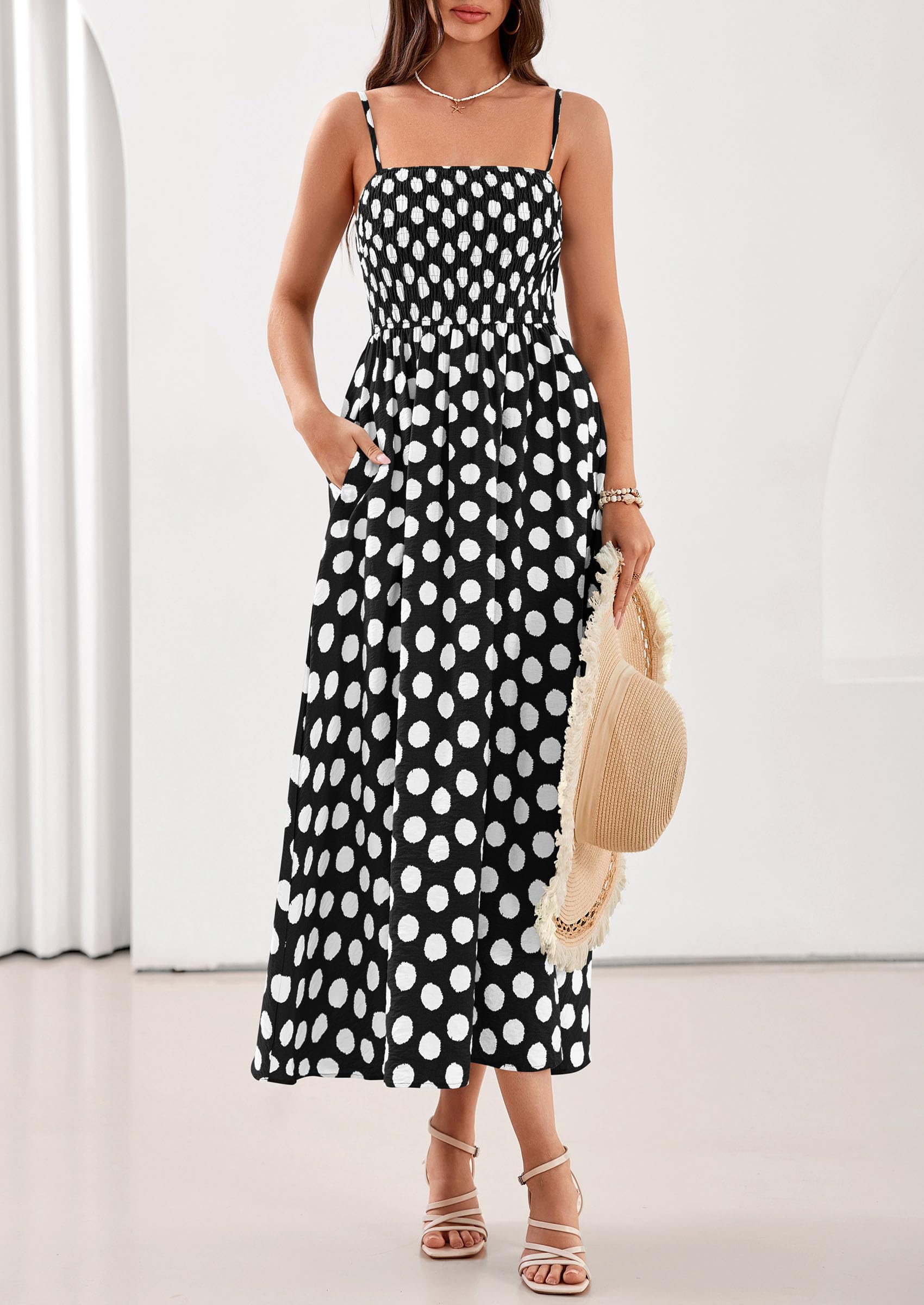 PRETTYGARDEN Womens Polka Dot Dress Summer Sleeveless Spaghetti Straps Smocked Sun Dress Flowy Spring Beach Midi Dresses