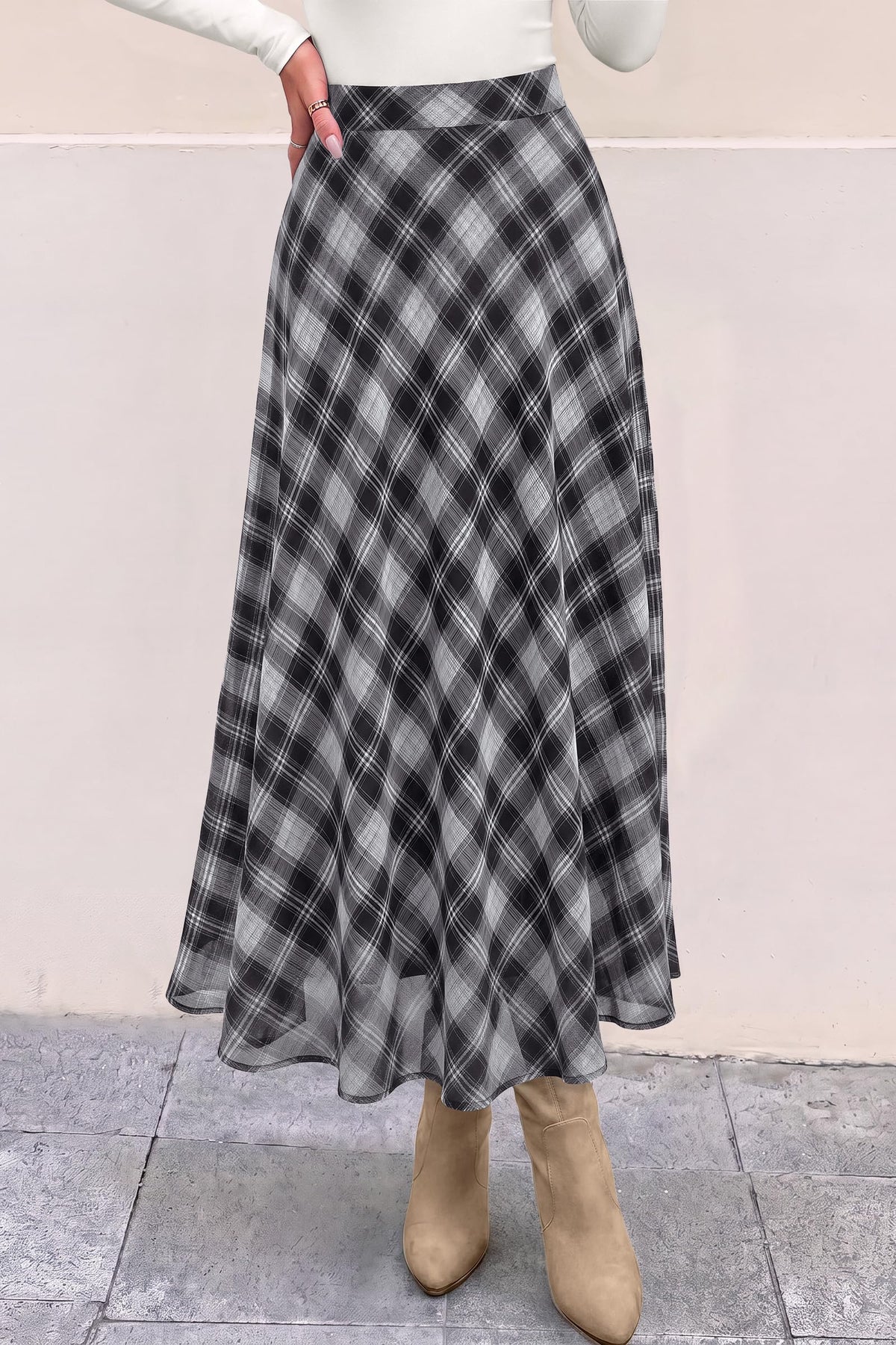 FreshPretty Casual A-Line Plaid Maxi Skirts for Women Trendy Fall Fashion Lightweight Chiffon Gingham Elastic Waist Long Skirt,Cute Winter Clothing,Spring Flowy Beach Vacation Clothes
