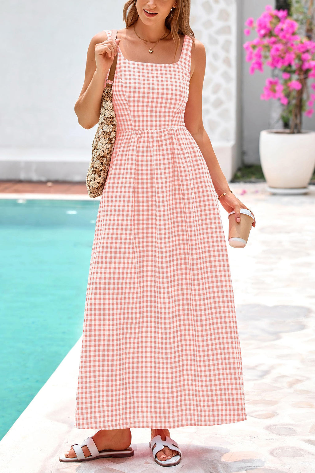 PRETTYGARDEN Women's Summer Spaghetti Strap Maxi Dresses Plaid Square Neck A Line Casual Beach Vacation Long Sundress
