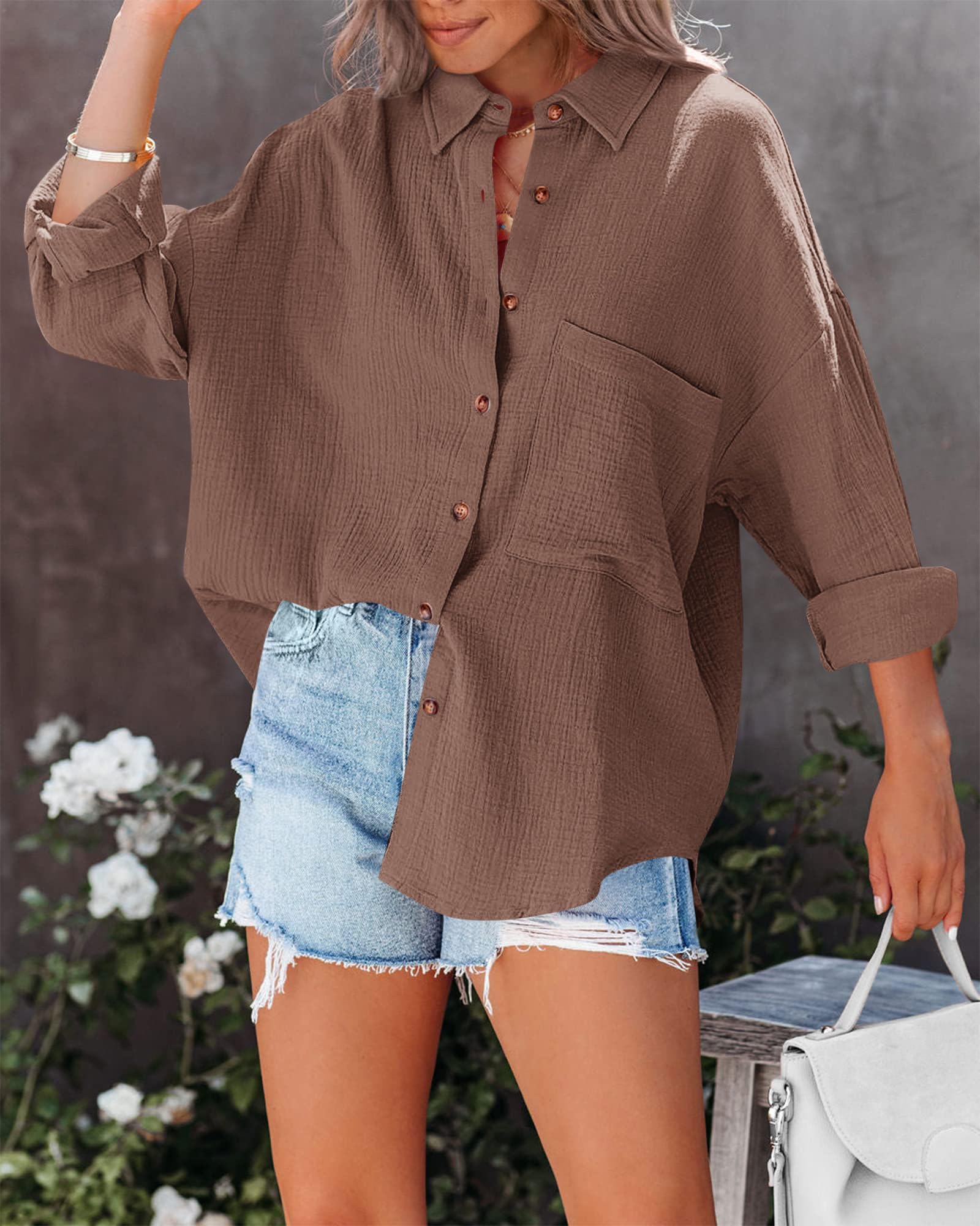 FreshPretty Casual Shirts for Women Long Sleeve Button Down Blouses Fall Solid Color Trendy Tops with Pocket