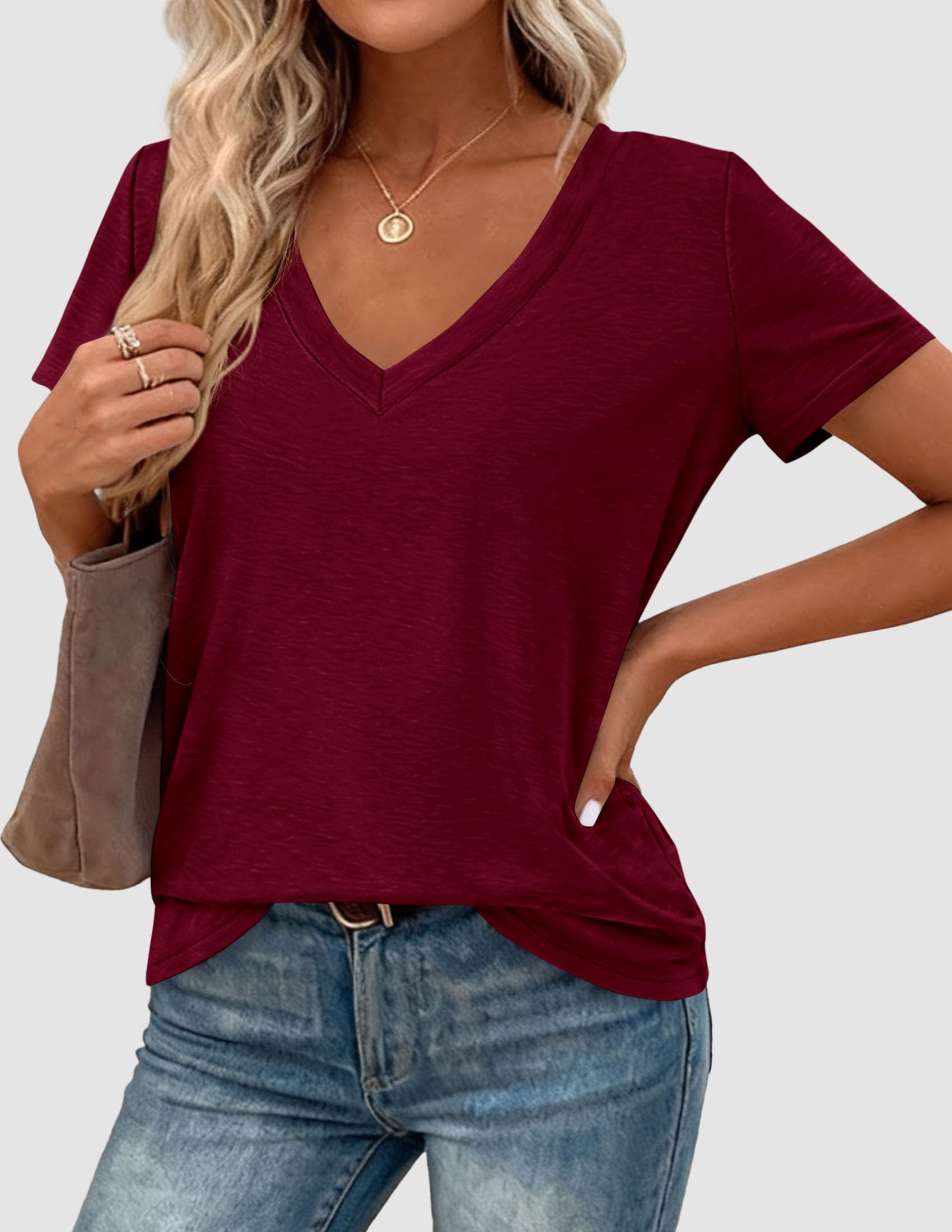 PRETTYGARDEN Womens Tops Short Sleeve Oversized Tshirts Shirts Summer Casual V Neck Loose Basic Tees Spring Tunic Blouse