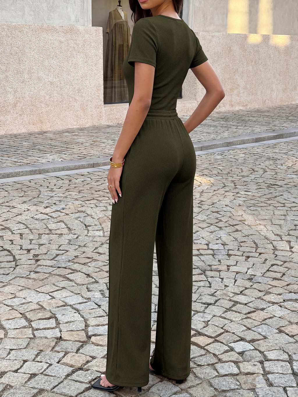 BTFBM Womens Summer 2 Piece Outfits Square Neck Short Sleeve Drawstring Pants Knit Spring Lounge Matching Sets
