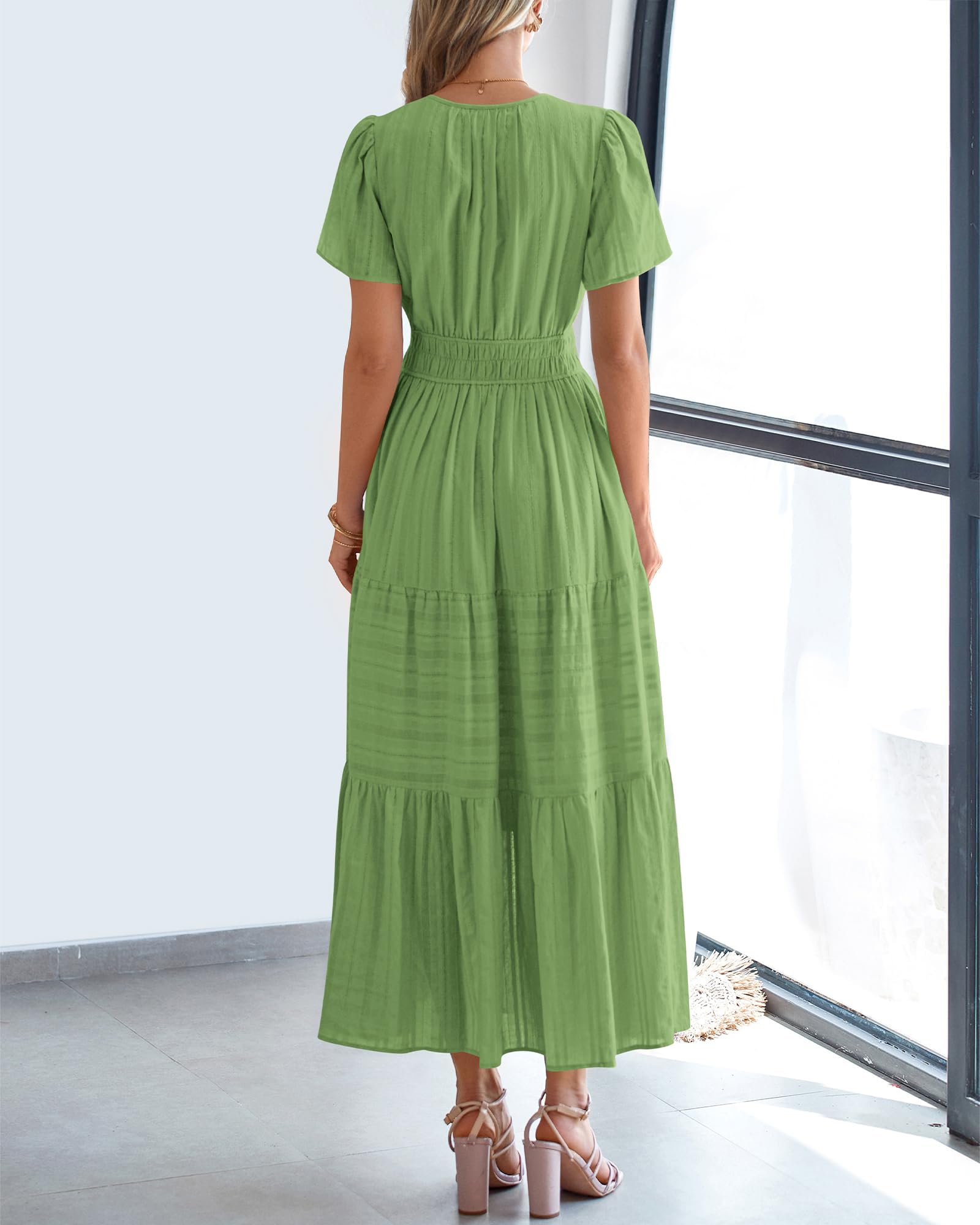 BTFBM Womens Summer Casual Midi Maxi Dresses Lightweight Short Sleeve V Neck Elastic Waist Boho Beach Dress Pockets