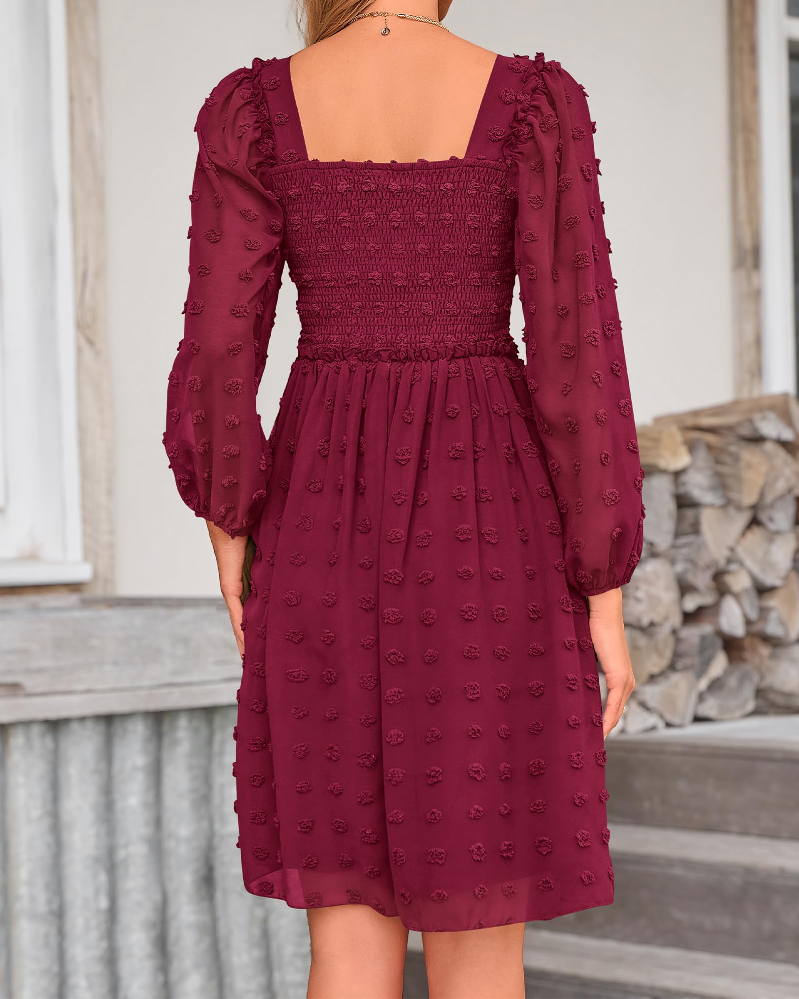 BTFBM Womens Long Sleeve Dress Summer Vacation Square Neck Smocked Floral Mini Boho Spring Wedding Guest Dresses