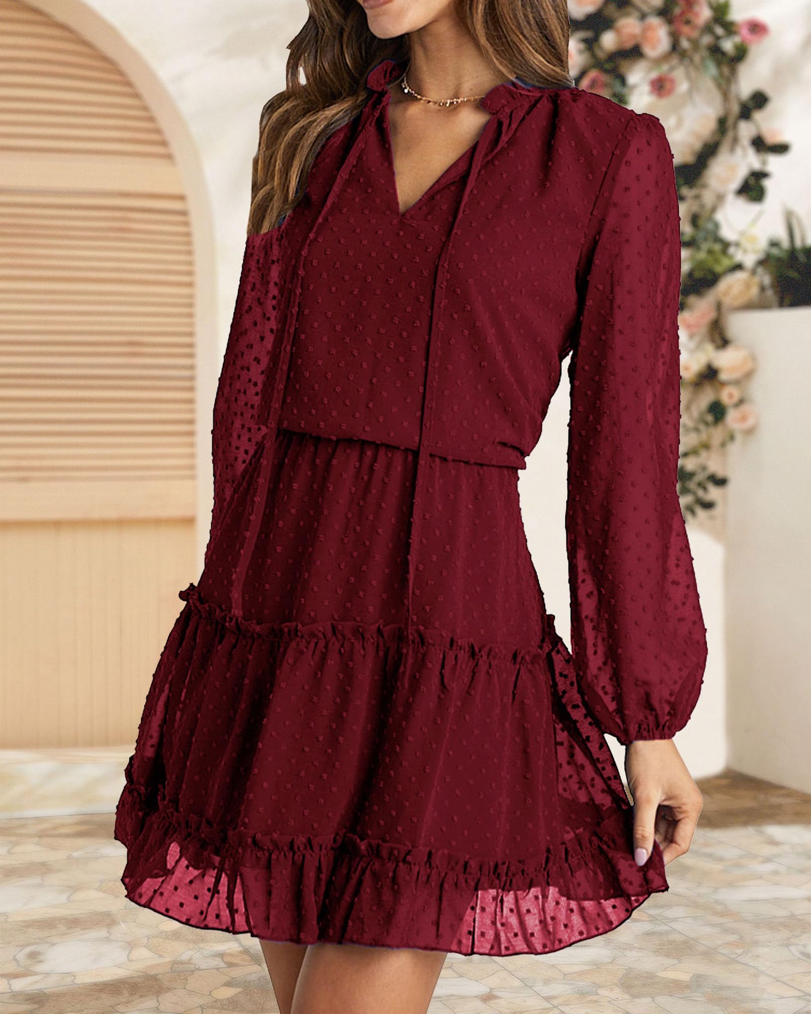 FreshPretty Long Sleeve Fall Dresses for Women Summer Casual Tie Neck Ruffle Tiered A Line Wedding Guest Short Mini Dress