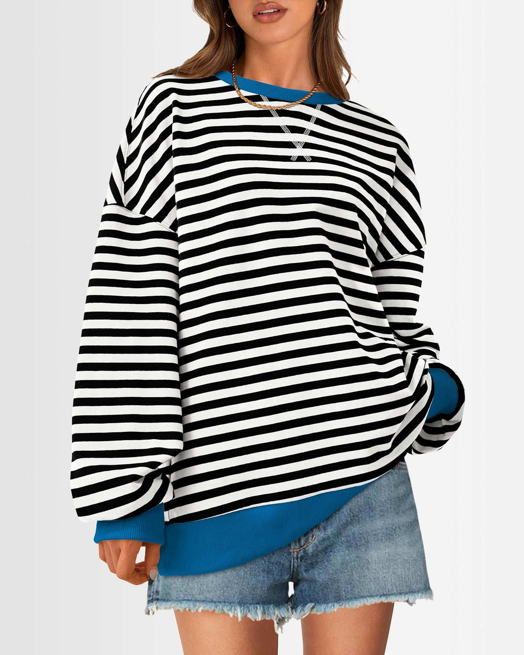 BTFBM Sweatshirt For Women Summer Crewneck Long Sleeve Oversized Striped Pullover Tops Y2K Clothes Workout Shirt