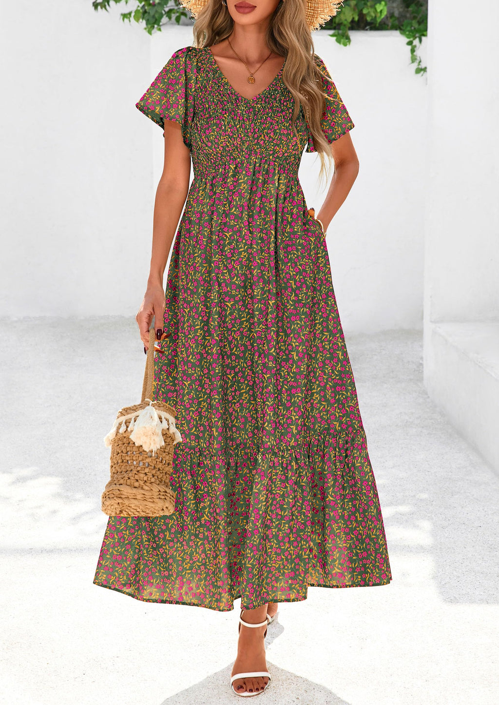 PRETTYGARDEN Boho Dresses for Women Summer Floral Short Sleeve V Neck Smocked Flowy Beach Vacation Maxi Dress