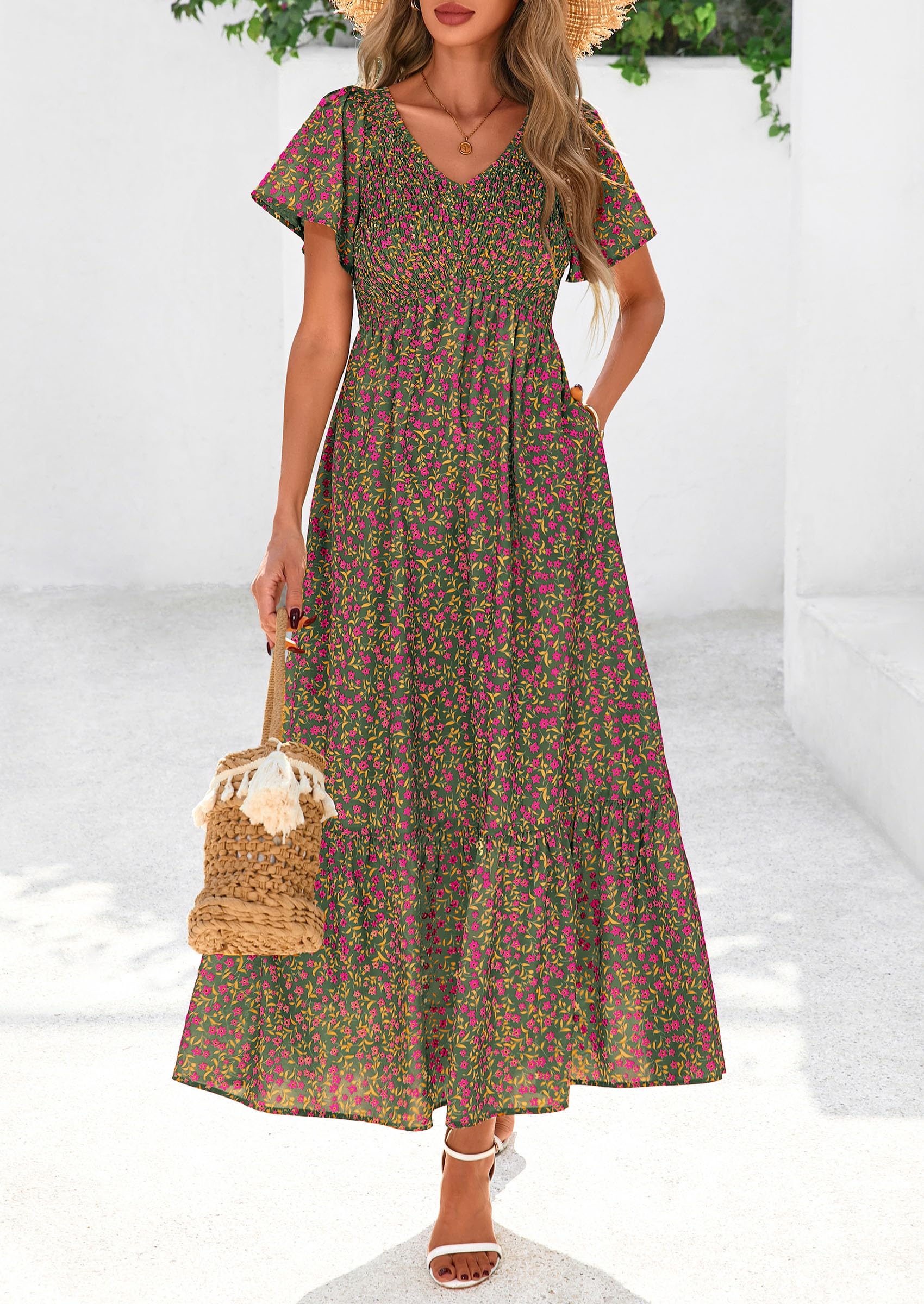 PRETTYGARDEN Boho Dresses for Women Summer Floral Short Sleeve V Neck Smocked Flowy Beach Vacation Maxi Dress