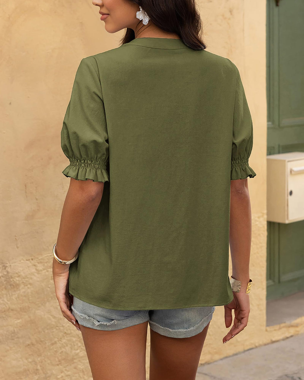 BTFBM Women's Spring Tops Casual Floral Boho V Neck Puff Short Sleeve Button Down Shirts Embroidered Blouses Tunic
