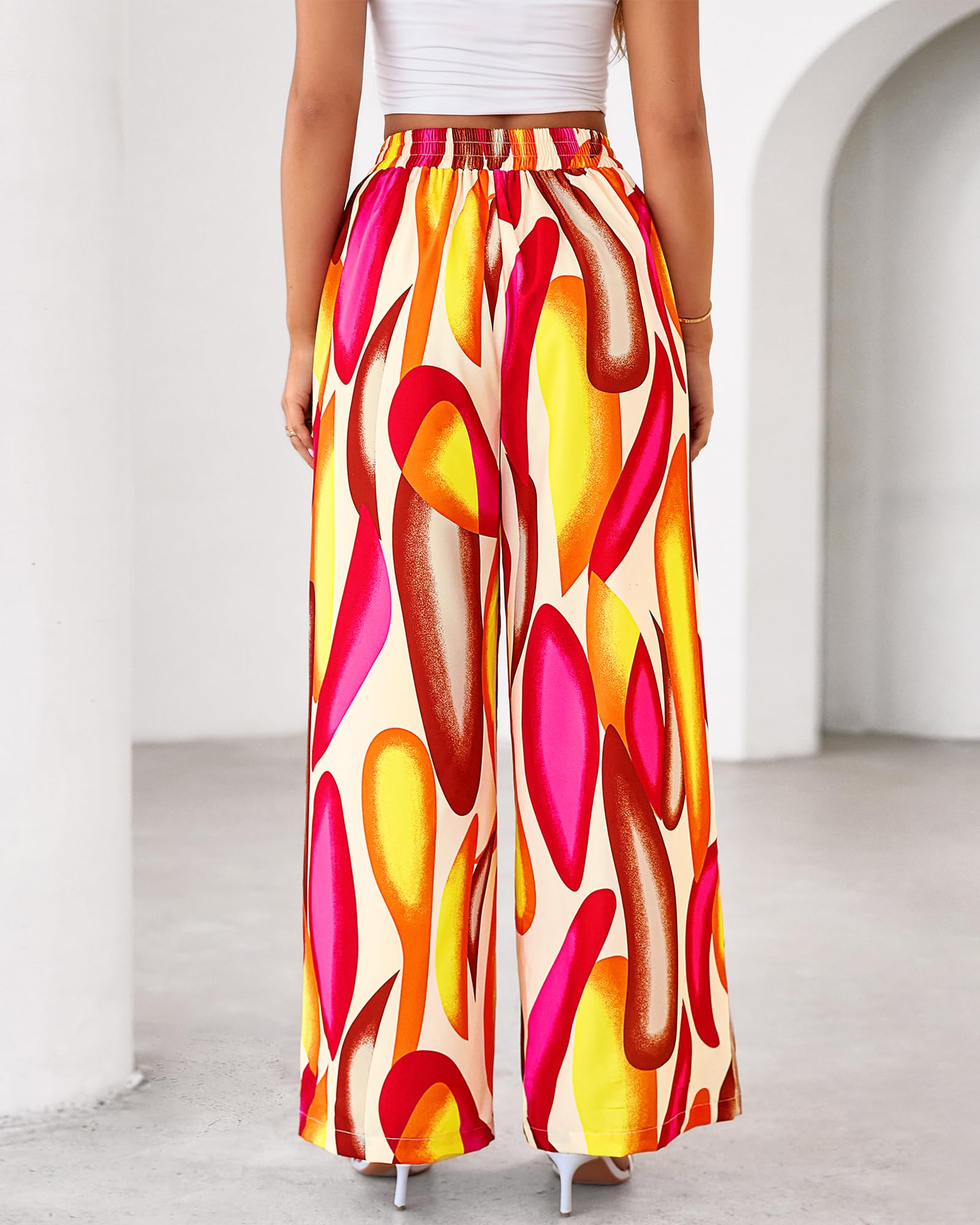 FreshPretty Womens Wide Leg Summer Pants Boho Beach Vacation Loose Elastic Waist Printed Palazzo Pant Pockets