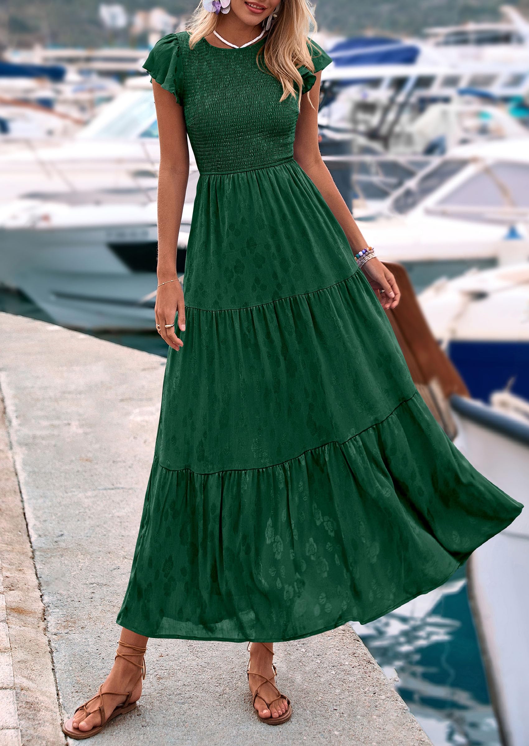 PRETTYGARDEN Wedding Guest Dresses for Women Summer Floral Cap Sleeve Smocked A Line Long Elegant Party Boho Dress