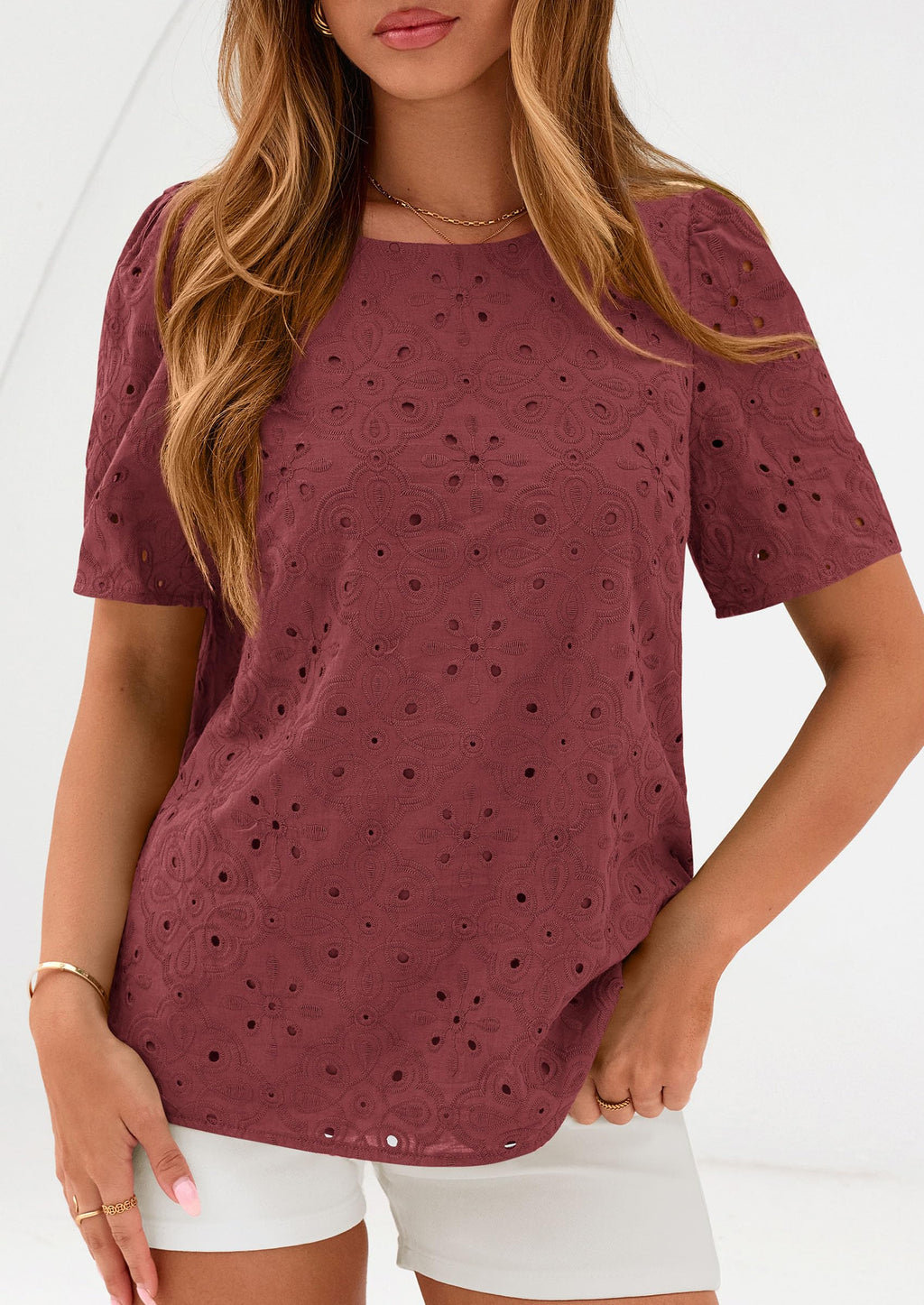 PRETTYGARDEN Women's Puff Short Sleeve Eyelet Shirts Summer Lace Blouses Dressy Casual Work Tops Spring Teacher Clothes
