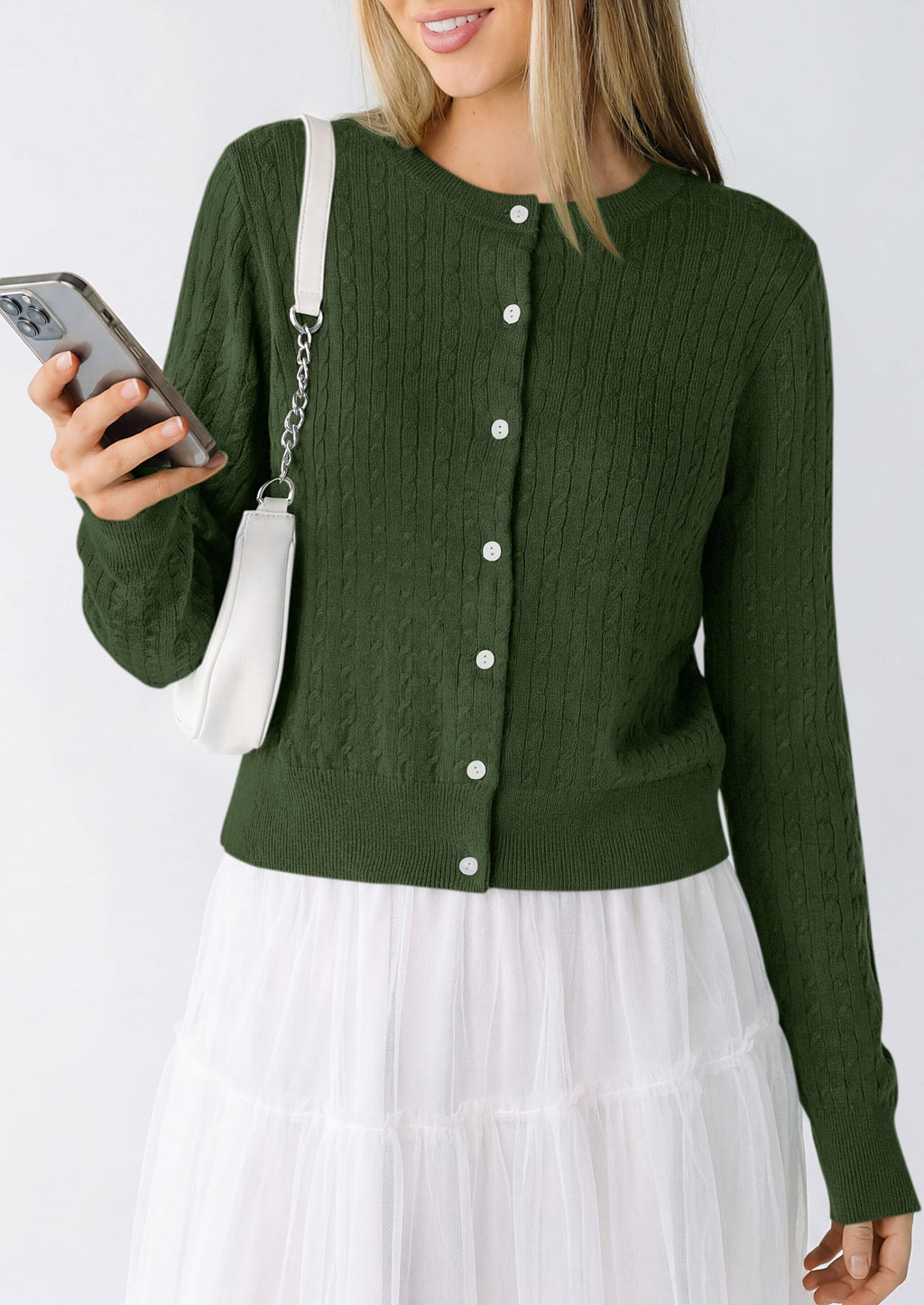 PRETTYGARDEN Women Lightweight Button Up Cardigan Sweaters | Soft Stretchy, Cozy Cable Knit, Long Sleeve Crew Neck, Trendy Cardigans, Cute Casual Outfits, Early Fall Fashion Clothing