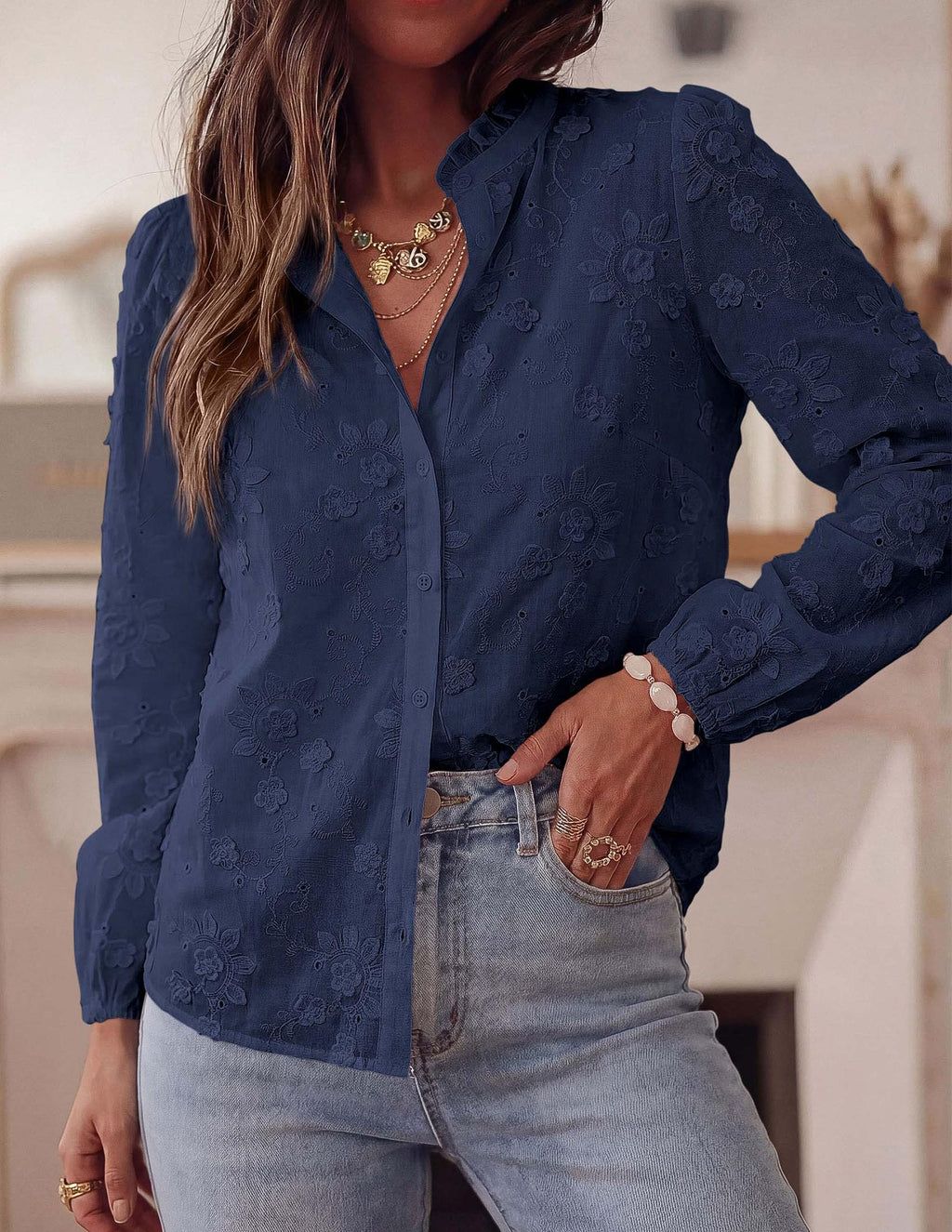 PRETTYGARDEN Women's Floral Embroidered Button Down Shirts | Ladies Dressy Fall Blouses, Long Sleeves, Ruffle Neck, Elegant Boho Eyelet Tops for Work, Business & Spring Casual Outings