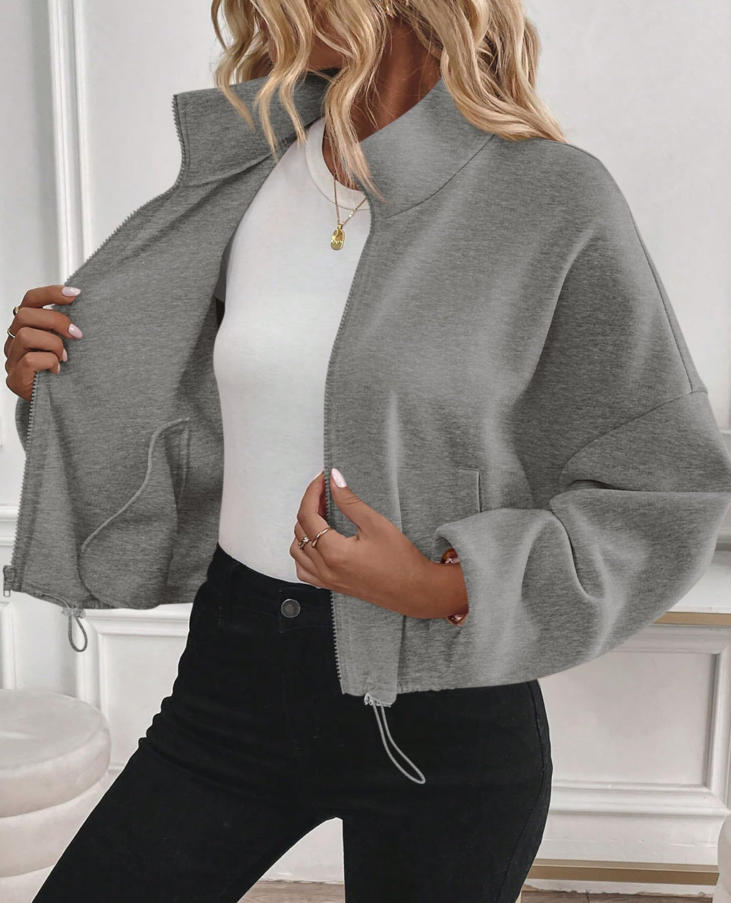 PRETTYGARDEN Womens Zip Up Fleece Cropped Sweatshirt Jacket Oversized Loose Soft Stand Collar with Drawstring Hem, Long Sleeve Casual Coat With Pockets, Fall Outfits Winter Clothing